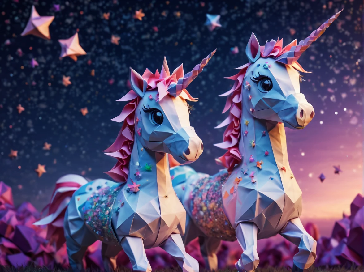 Full scene. mini ponytailed unicorn portraits, big smile to the camera, starry sky, zentangled, origami, 3d crunch, magical flashes and explosions crossing the horizon,