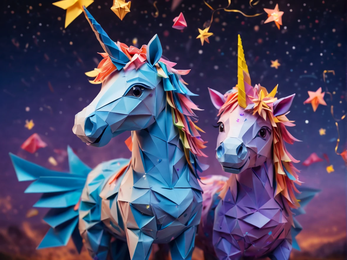 Full scene. mini ponytailed unicorn portraits, big smile to the camera, starry sky, zentangled, origami, 3d crunch, magical flashes and explosions crossing the horizon,
