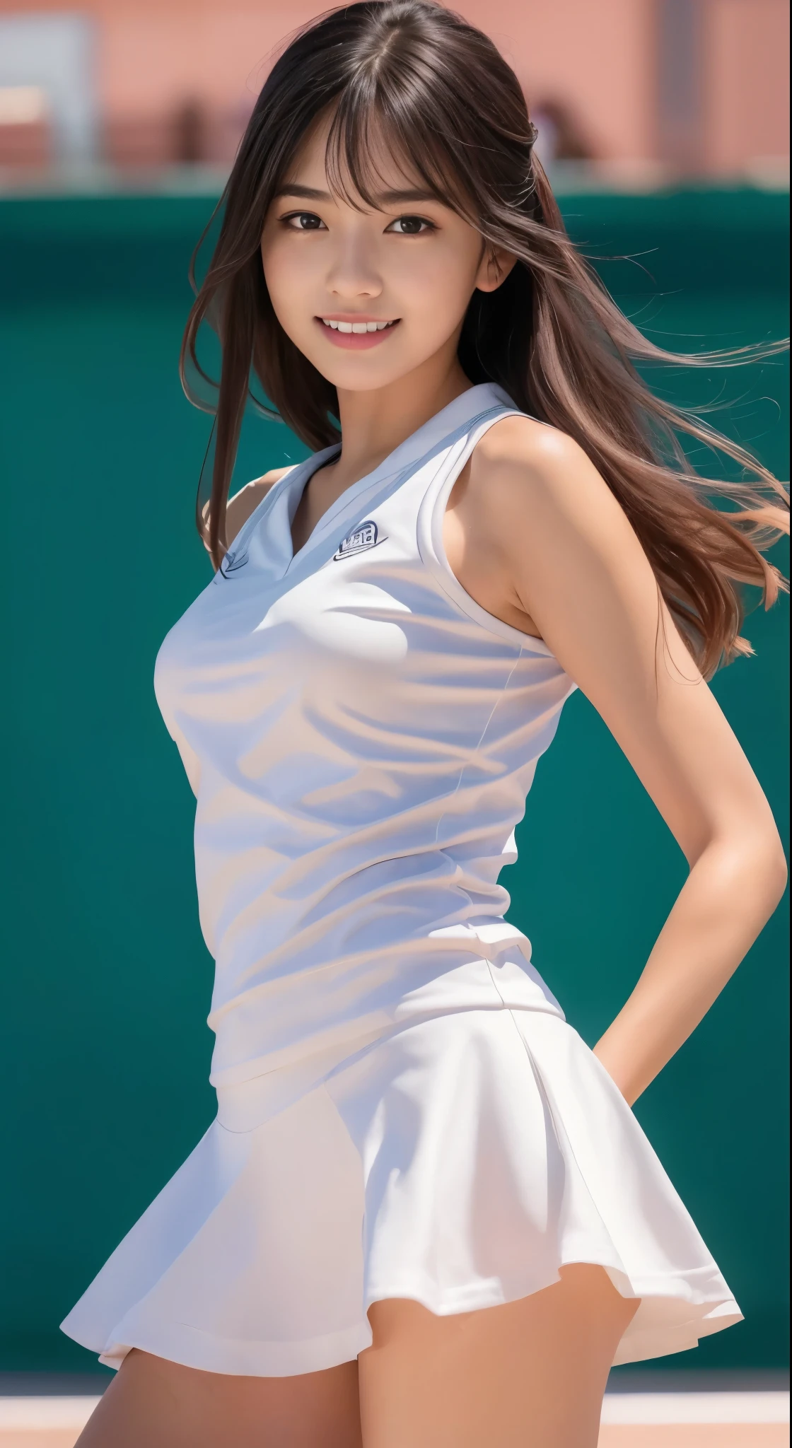 (8K, highest quality, masterpiece: 1.2), (realistic, realistic: 1.37), Super detailed, 1 girl, 18-year-old, White undercoat、、white panties、beautiful panties、big, beauty, cute, smile, alone, tennis wear, mini skirt, White undercoat、beautiful thighs、Beautiful camel toe、Tennis court, racket, tennis ball, (nose redness), (smile: 1.15), (opened mouth), beautiful eyes, (long hair: 1.2), floating hair nova frog style, Upper body