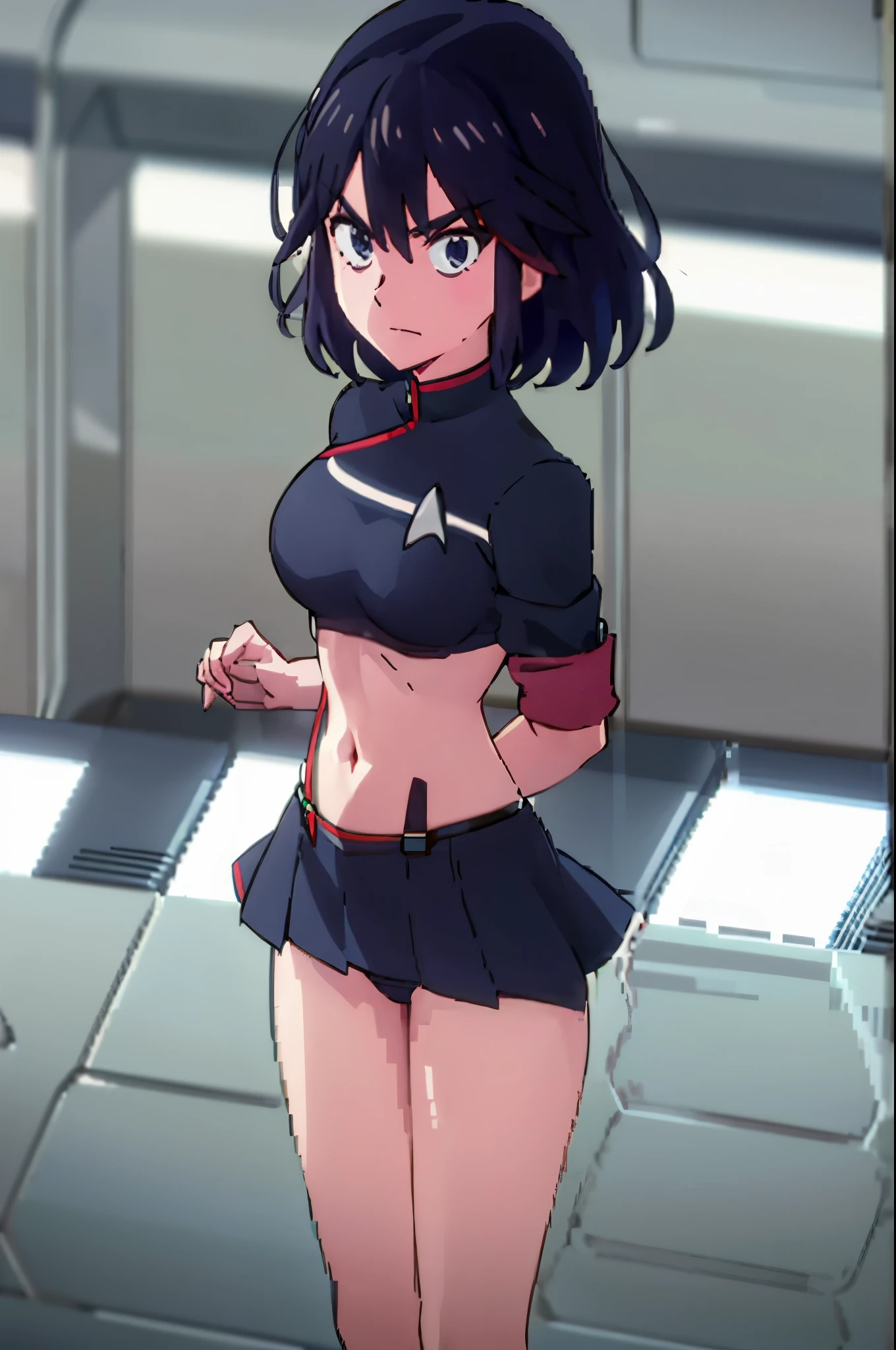 (((pixel-perfect, detail-perfect))), solo, 1girl,  ryuuko matoi,  serafuku, suspenders, navel, closed mouth, v eyebrows, looking at viewers ttldunf uniform