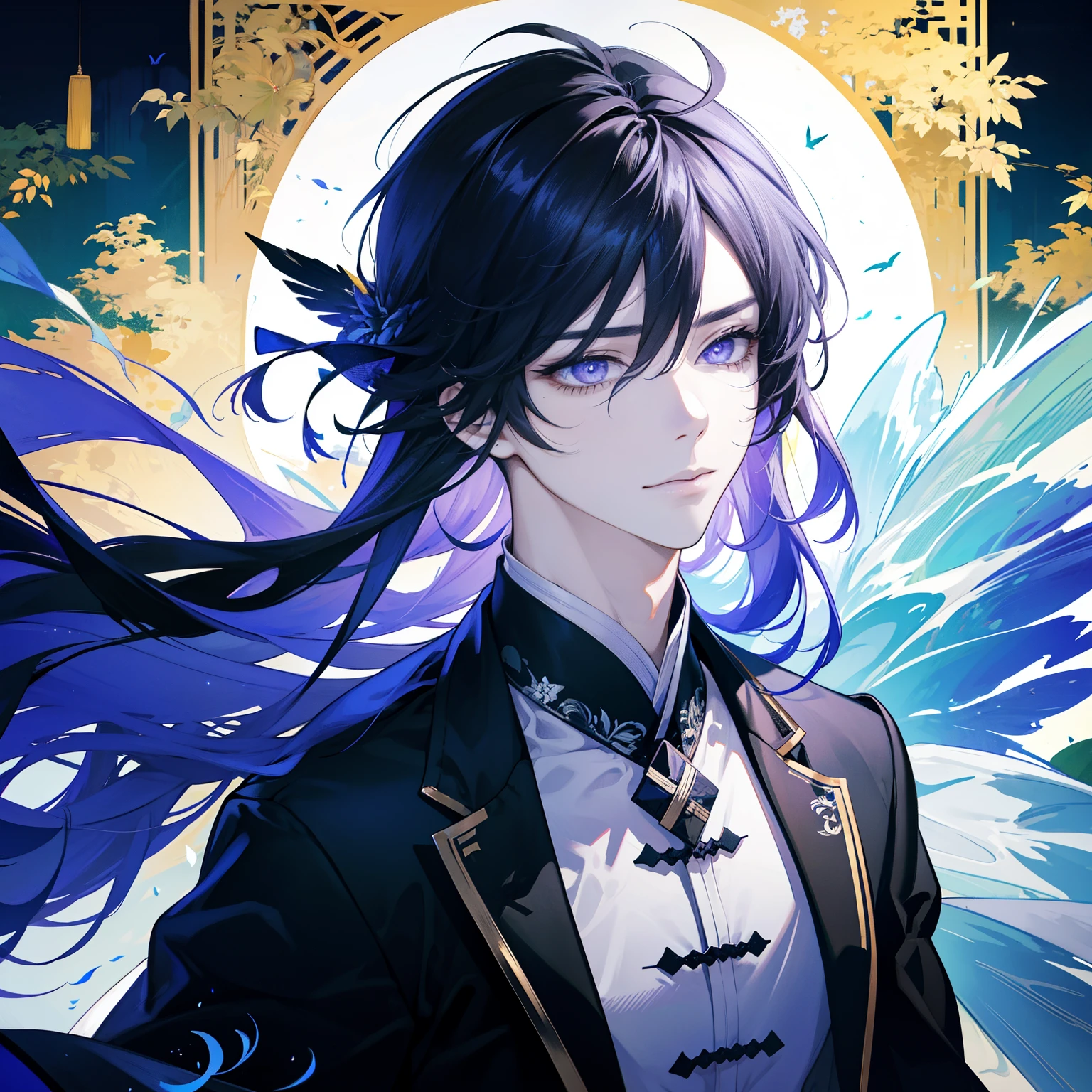 (hoang lap,hight clarity,ultra detali),1 male,AS-Adult,male people,Handsome,Tall muscular man,a broad shouldered,Fine Detailed Eyes,Long Yellow hair,purple eyes,Chinese clothing,Behind him is a pair of black angel wings,Fallen angels,night,forested,Fluttering leaves,ponds,Natural light and shadow,That's great,mistic(Dutch angle),Mouth closing