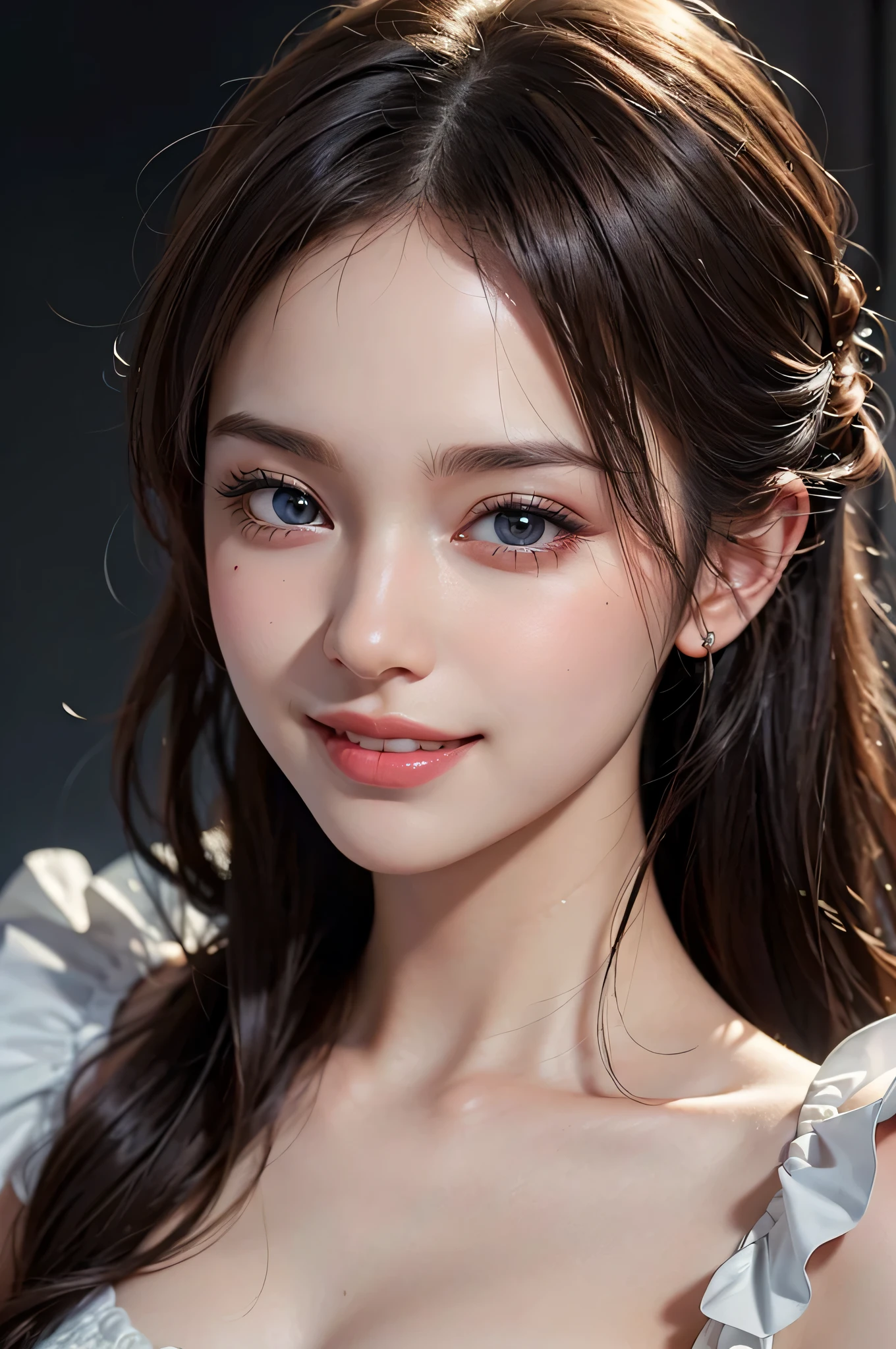 (1girl), Solo, Extremely cute, Amazing face and eyes, (Beautiful lovely smile), (extremely detailed beautiful face), bright shiny lips, (Best Quality:1.4), (Ultra-detailed), (A hyper-realistic, Photorealsitic:1.37), Beautiful fair skin, (Soft and squishy), extremely detailed CG unified 8k wallpaper, RAW Photos, professional photograpy, Cinematic lighting,