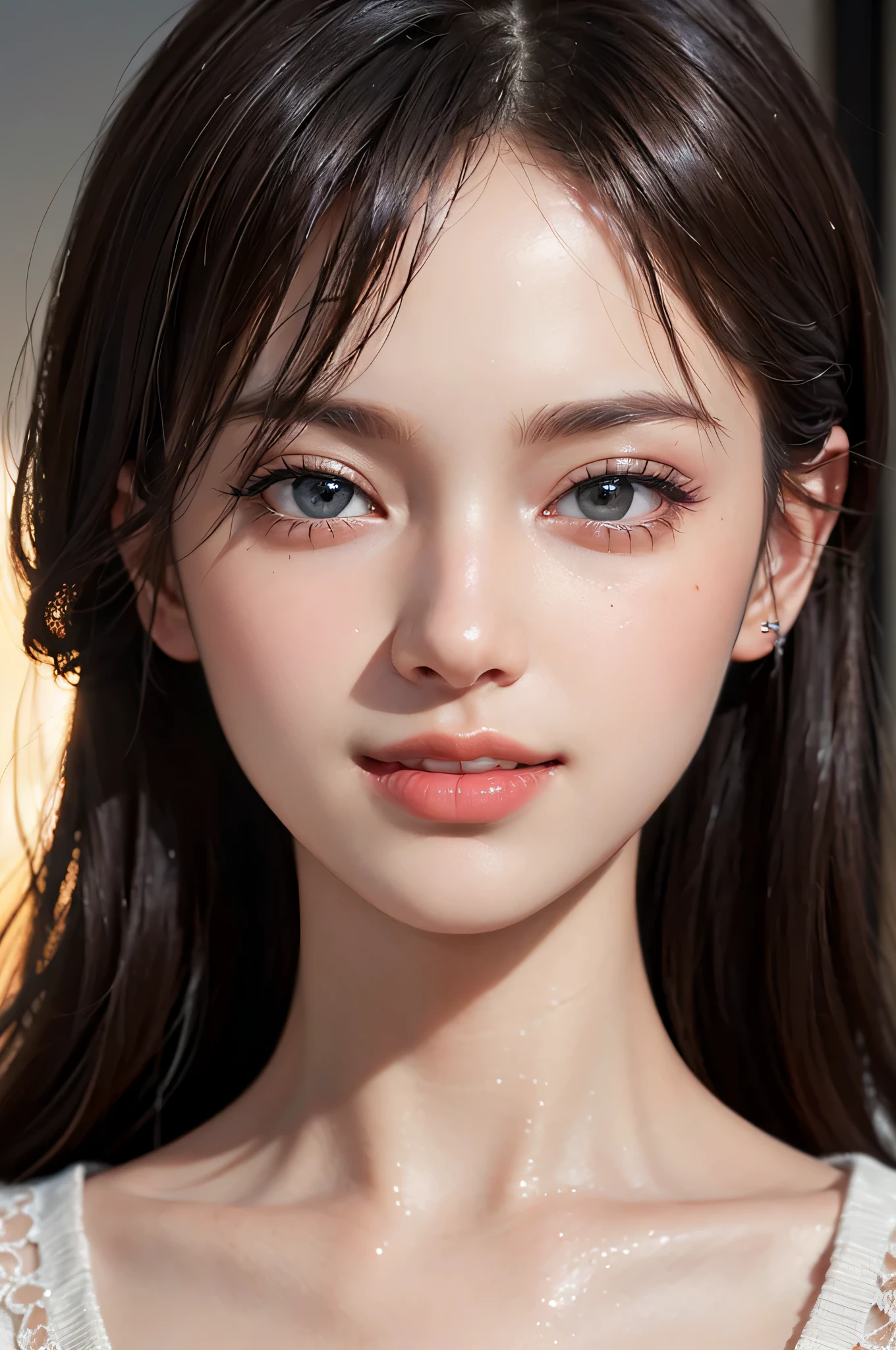 (1girl), Solo, Extremely cute, Amazing face and eyes, (Beautiful lovely smile), (extremely detailed beautiful face), bright shiny lips, (Best Quality:1.4), (Ultra-detailed), (A hyper-realistic, Photorealsitic:1.37), Beautiful fair skin, (Soft and squishy), extremely detailed CG unified 8k wallpaper, RAW Photos, professional photograpy, Cinematic lighting,