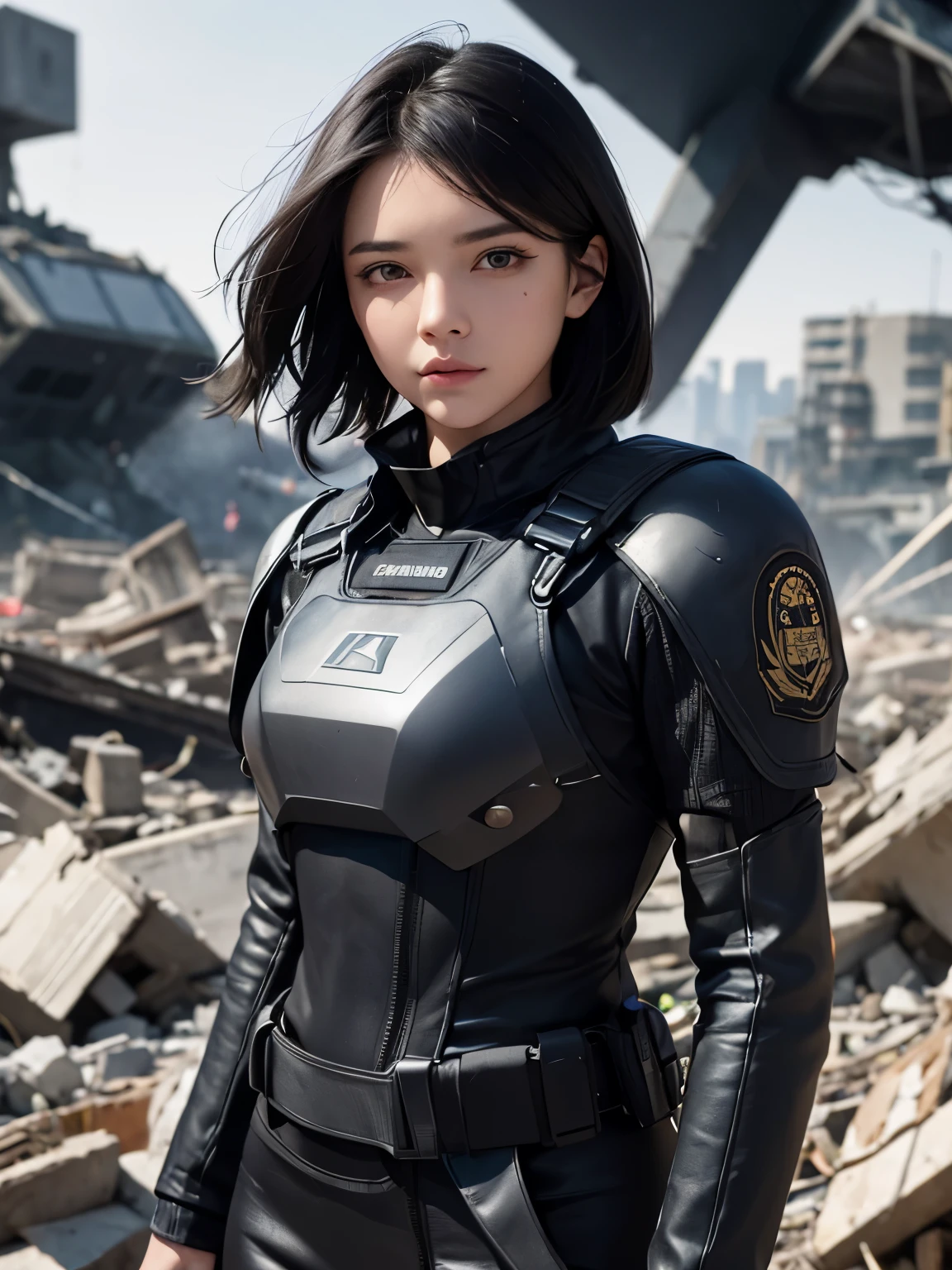 A beautiful woman with a serious expression while looking at the camera. Black hair. Twenty years old. The woman is wearing a black metallic combat uniform. In the background of the woman is a city that has been reduced to a pile of rubble. There is a small spaceship that she came aboard in that city.