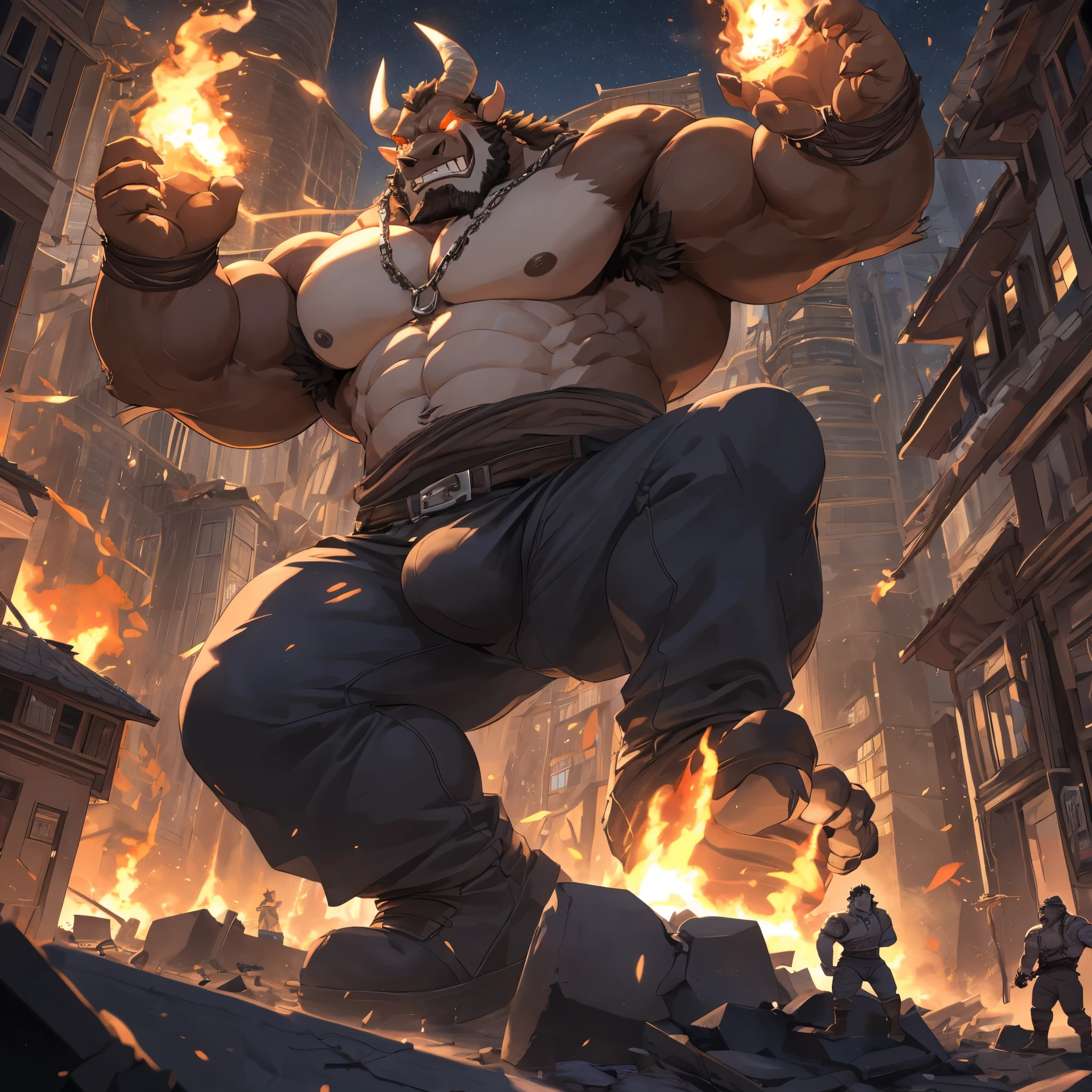 Bull Orc, minotaur, male, Strong build, brown skin is covered with fur, long sharp teeth, large thick lower canine teeth, thick spiral bull horns and claws, large bull horns, (glowing eyes: 1.2), giant sized, no pants, larger than city, reclining on a battlefield, buckled boots, stepping on building, rampage, impact, his foot is breaking the ground, wearing a rag around waist, looking down, evil smile, thick arms, thick thighs, (large pecs: 1.2), fat pecs, (bara pecs: 1.3), macro, landscape dwarfing, city destruction, building destruction, ruined city, city on fire, city dwarfing, giant bulge in pants, tiny human soldiers
