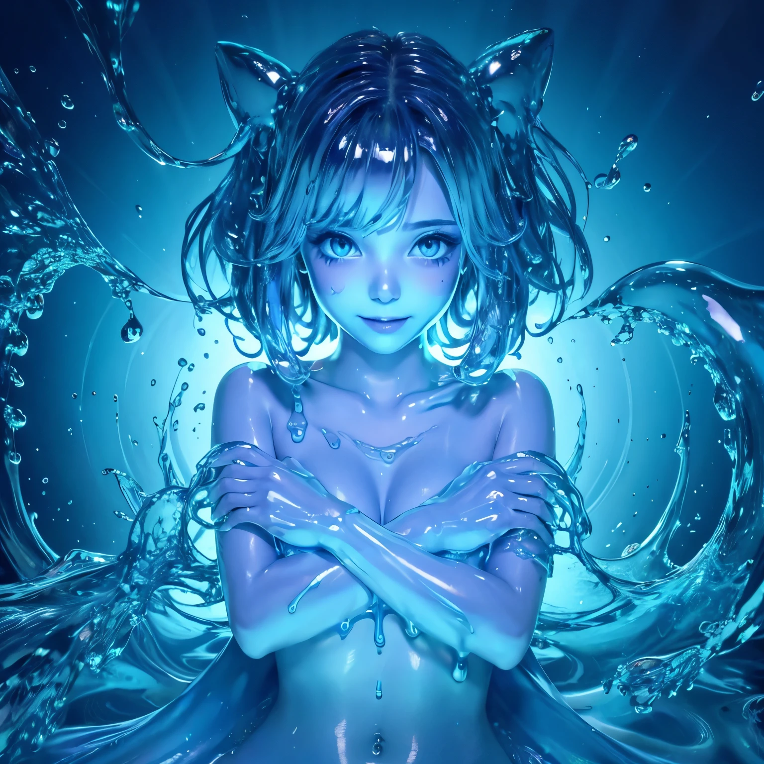 (masterpiece,best quality:1.4),(8k,raw photo,photo realistic:1.2),shiny skin,detailed skin,detailed face,detailed eyes, 1girl,looking at viewer,Japanese idol,extremely beautiful face, (smile), LiquidHair, liquid hair, blue mucus floating around, slime girl, covered in blue slime, (partially transparent), (Wet with water), (blue sweat), Slimy blue liquid dripping from her body. Her hair is also covered in blue slime. blue slime scatters, Blue hair, blue eyes