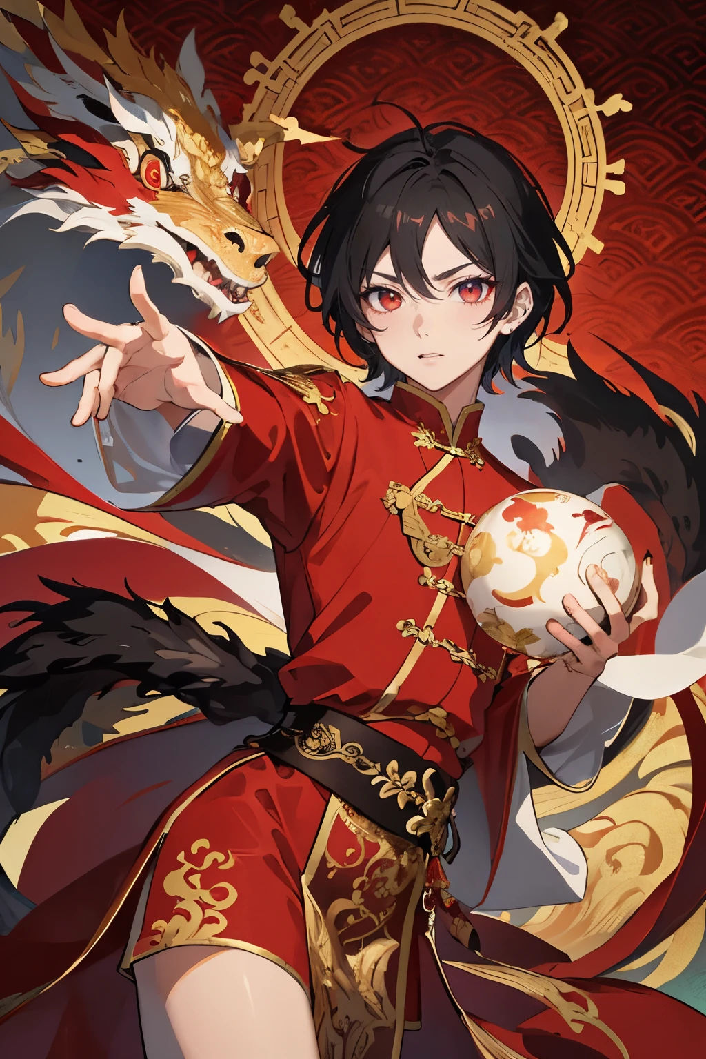 Masterpiece, a young Chinese boy, solo, traditional red outfit, short, flowing black hair, big expressive eyes, Disney style, graceful and dynamic presence, Chinese dragon backdrop, Art Nouveau, intricate details, vibrant colors, high contrast, sharp focus, the boy's eyes wide open and full of wonder, dragon's scales shimmering, fluid lines, detailed textures, ethereal atmosphere.