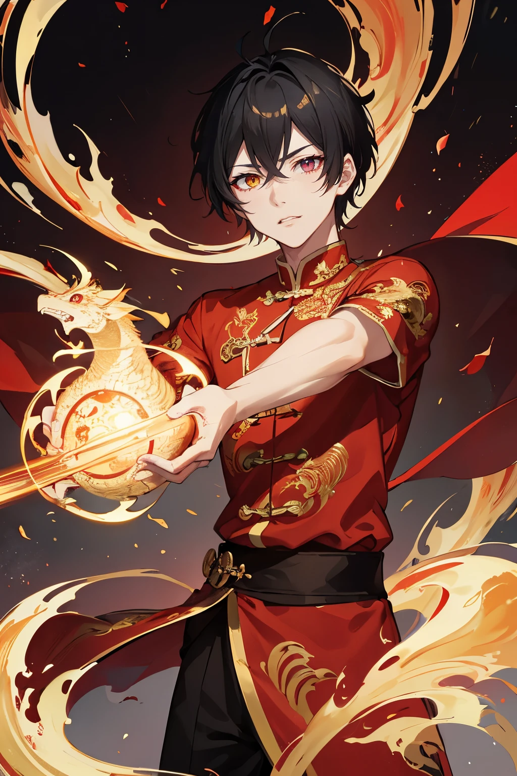 Masterpiece, a young Chinese boy, solo, traditional red outfit, short, flowing black hair, big expressive eyes, Disney style, graceful and dynamic presence, Chinese dragon backdrop, Art Nouveau, intricate details, vibrant colors, high contrast, sharp focus, the boy's eyes wide open and full of wonder, dragon's scales shimmering, fluid lines, detailed textures, ethereal atmosphere.