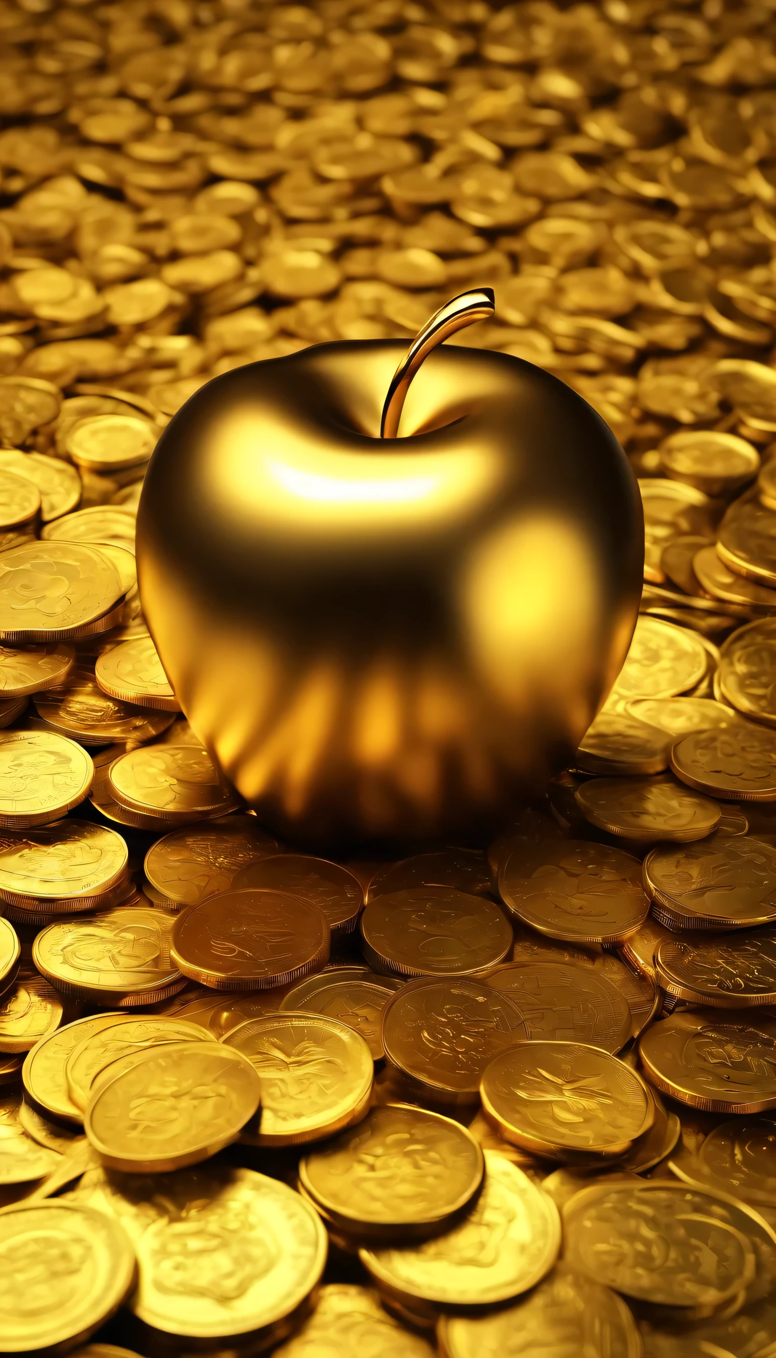"very beautiful 3d rendered gold apple,Representation of dynamics, Vivid effects and details,best image quality,High resolution,lots of colors, Pile of Coins, treasures"