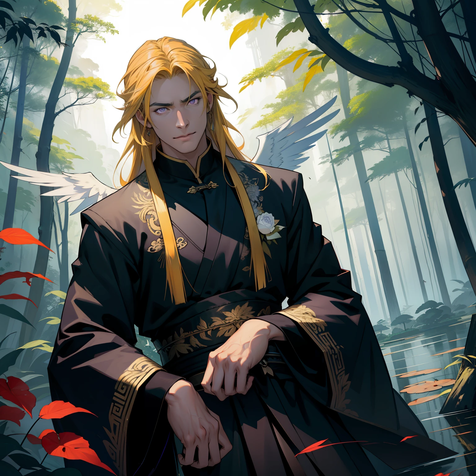 (hoang lap,hight clarity,ultra detali),1 male,AS-Adult,male people,Handsome,Tall muscular man,a broad shouldered,Fine Detailed Eyes,Long Yellow hair,purple eyes,Chinese clothing,Behind him is a pair of black angel wings,Fallen angels,night,forested,Fluttering leaves,ponds,Natural light and shadow,That's great,mistic(Dutch angle),Mouth closing