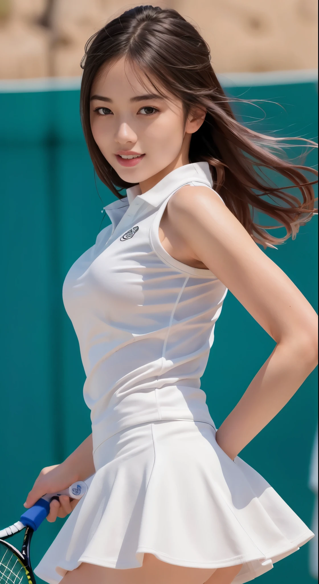 (8K, highest quality, masterpiece: 1.2), (realistic, realistic: 1.37), Super detailed, 1 girl, 18-year-old, White undercoat、、white panties、beautiful panties、スカートをめくってWhite undercoatを見せている、big, beauty, cute, smile, alone, tennis wear, mini skirt, White undercoat、beautiful thighs、Beautiful camel toe、Tennis court, racket, tennis ball, (nose redness), (smile: 1.15), (opened mouth), beautiful eyes, (long hair: 1.2), floating hair nova frog style, Upper body