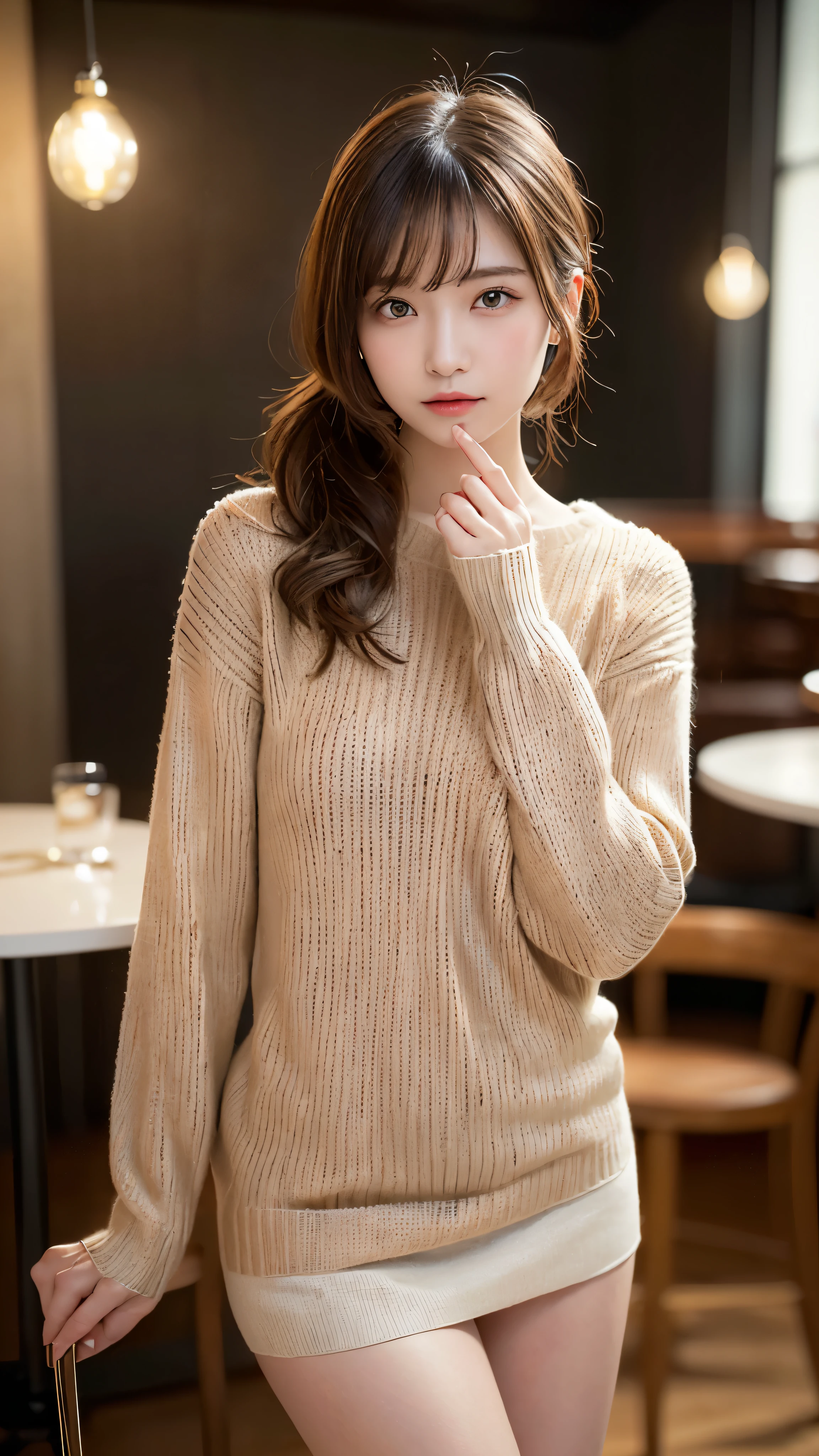 (masterpiece:1.5)、(realistic:1.5)、(highest quality:1.4、8K、RAW photo)、 ultra high resolution、professional lighting、perfect dynamic composition、Photographed at an antique and stylish cafe、 film grain、chromatic aberration、(Bokeh:1.1)、 Frank、Sophisticated、charm、超realistic、high detail、golden ratio、 (1 girl)、slender girl、繊細でcharm女の子、cute woman:1.4、 serious expression、looking at the viewer、sculpture installation、light brown hair、shining hair、Hair style is ponytail、 skin that looks real、 close your mouth、fine eyes、double eyelid、thin arms、(Long sleeve knit sweater and miniskirt:1.3)