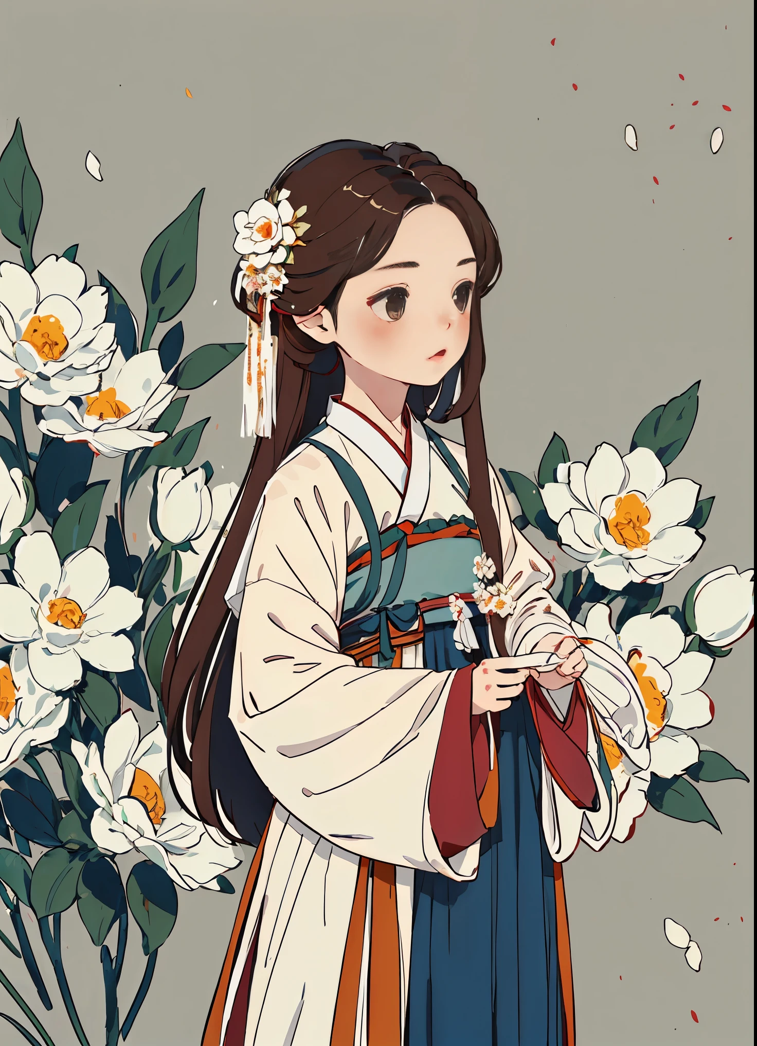 1girl, solo, long hair,  simple background, brown hair,  long sleeves,  upper body, flower, hair flower,  chinese clothes, white flower, , hanfu,