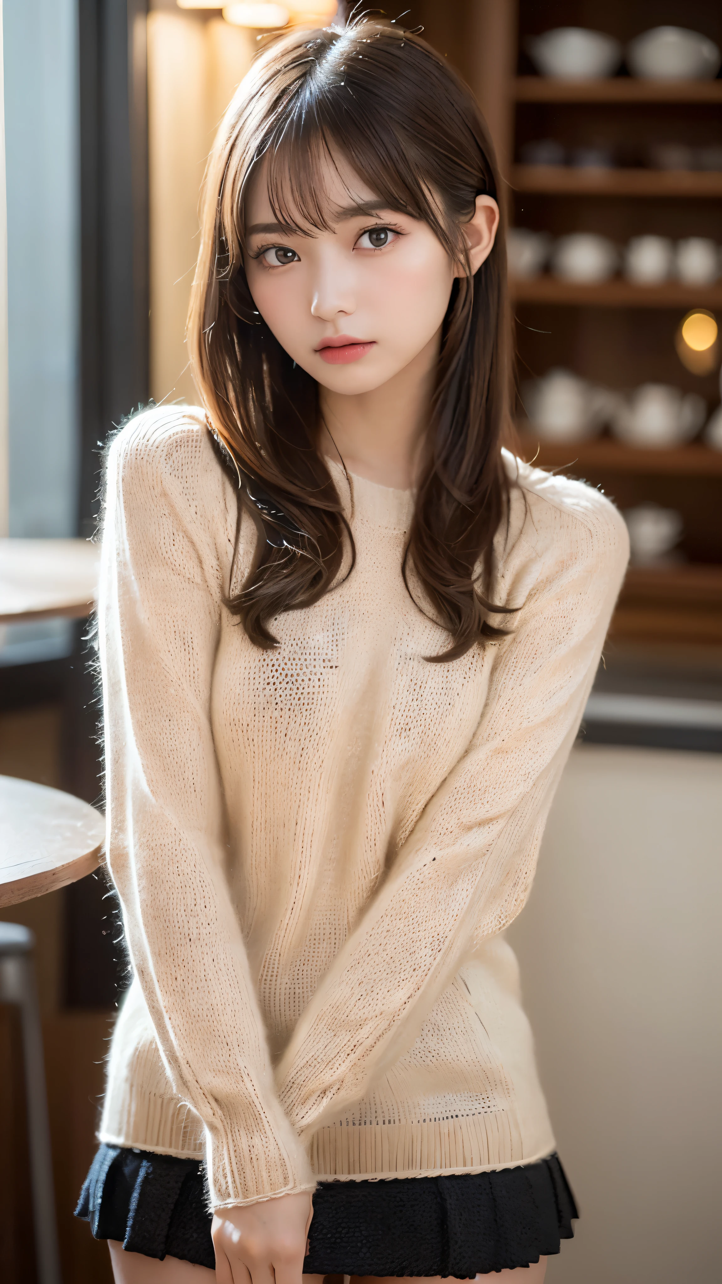 Best-quality, Masterpiece, Ultra-High-Resolution, (Photorealistic:1.4), Raw-Photo, from-below, front-view, 1girl, 15-years-old, the most famous Japanese idol, at luxury-hotel-suit, sitting on luxury-chair, (wearing knit sweater and miniskirt, (Flirtingly lifting skirt to show panties with childish-design):1.3), extremely beautiful big-black-eyes, extremely beautiful thighs, extremely cute face like the most famous Japanese idol, extremely beautiful hair, extremely beautiful skins, extremely beautiful long-eyelashes, extremely beautiful lips, innocent-smile