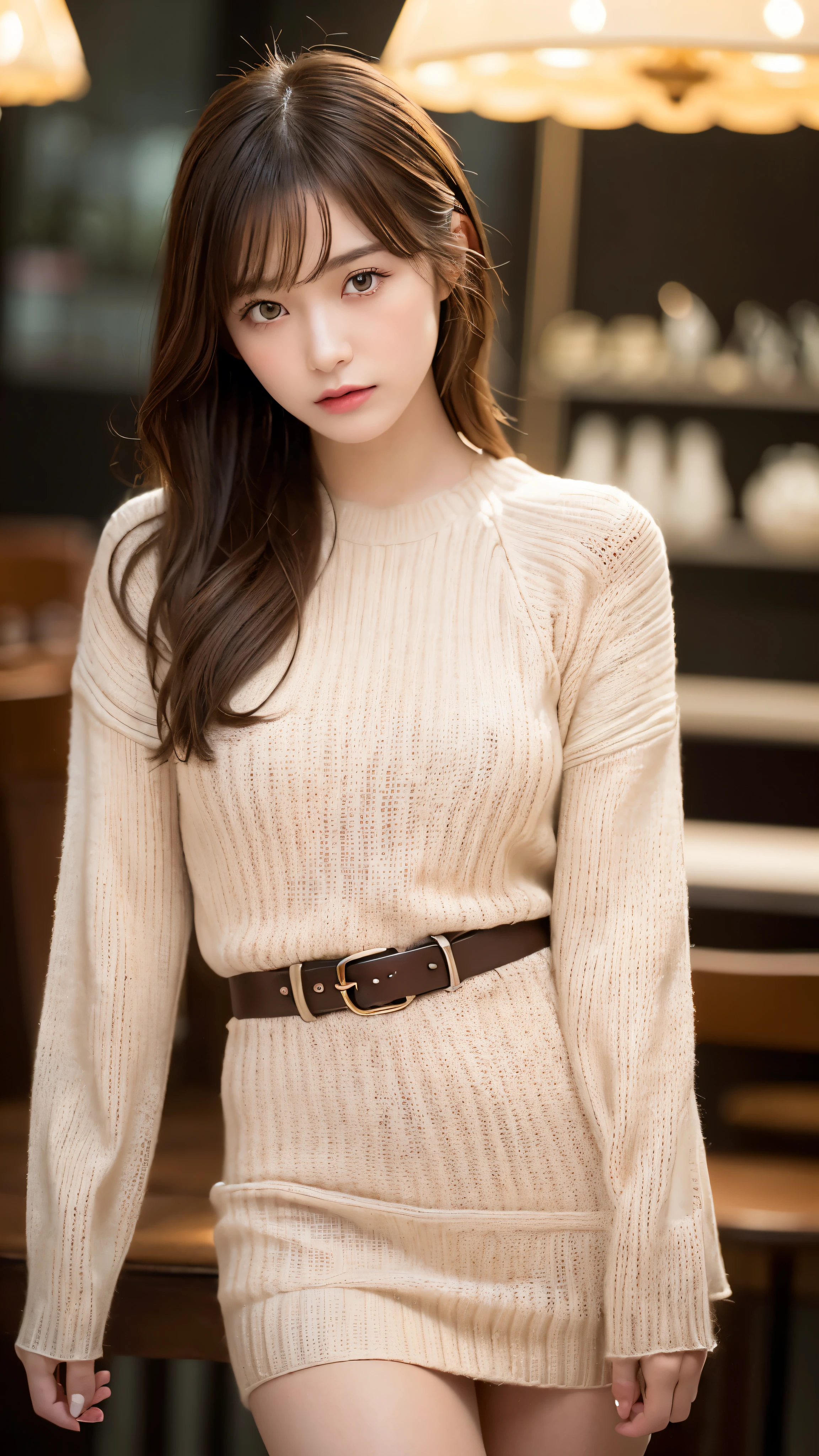 (masterpiece:1.5)、(realistic:1.5)、(highest quality:1.4、8K、RAW photo)、 ultra high resolution、professional lighting、perfect dynamic composition、Photographed at an antique and stylish cafe、 film grain、chromatic aberration、(Bokeh:1.1)、 Frank、Sophisticated、charm、超realistic、high detail、golden ratio、 (1 girl)、slender girl、繊細でcharm女の子、cute woman:1.4、 serious expression、looking at the viewer、sculpture installation、light brown hair、shining hair、Hair style is ponytail、 skin that looks real、 close your mouth、fine eyes、double eyelid、thin arms、(Long-sleeved one-piece knit sweater and miniskirt:1.3)