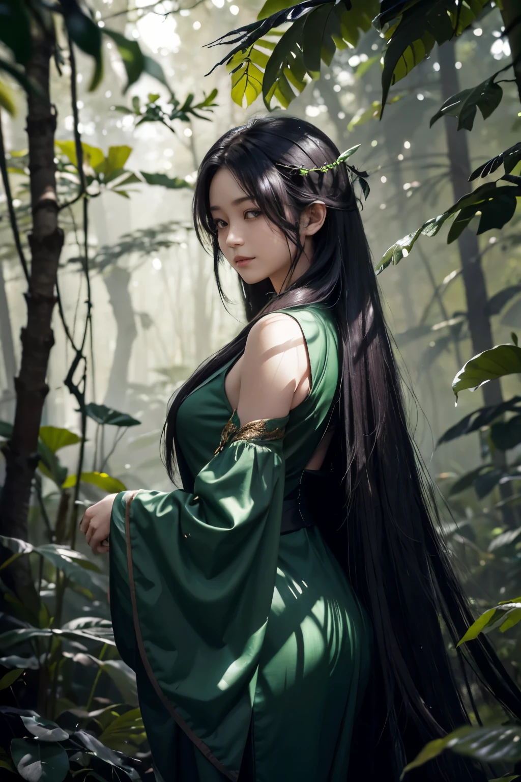 In the heart of the wild, a solitary crow perches atop a lush and towering tree, its dark black feathers in stark contrast to the verdant leaves surrounding it. Its piercing eyes scan the surrounding terrain with an intensity that suggests a deep connection to the natural world. The trees themselves are a breathtaking sight, their leaves a rich, deep green that seems to shimmer in the dappled sunlight filtering through. Among these trees, a mystical figure known as Yin Leng makes her home. She is often seen wearing a dark robe, blending seamlessly into the shadows of the forest, her long, flowing hair cascading down her back. Her features are delicate and ethere