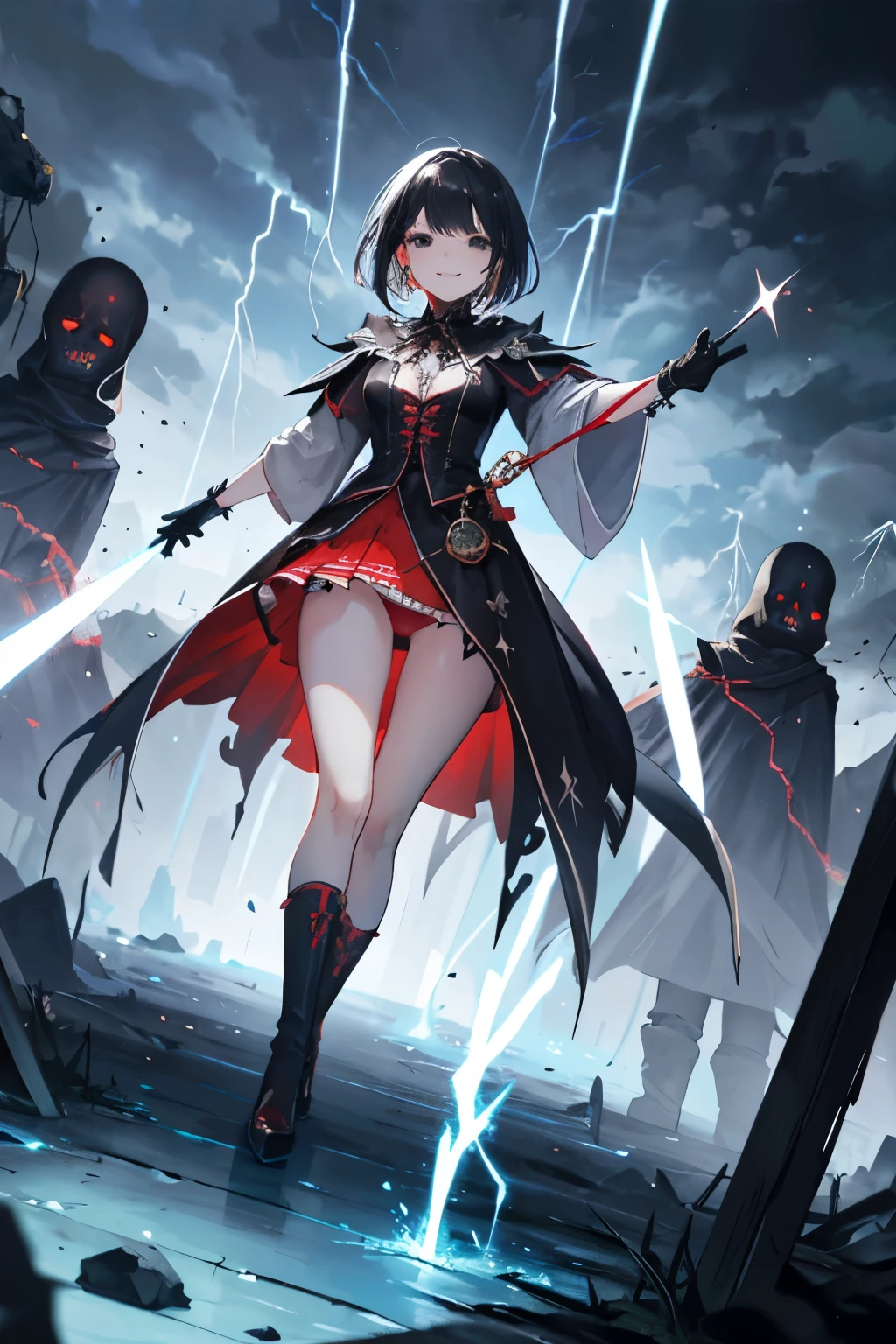 (((1girl))), ((best quality)), ((masterpiece)), ((ultra-detailed)), (illustration), (detailed light), (an extremely delicate and beautiful), (beautiful detailed eyes), (sunlight), ((extremely light)), ((extremely clothes)), (((hyper detail))),(((((front lighting))))),(((((front light))))),
((((quite adorable and more erotic Necromancer's robe with a brief skirt and Necromancer's vail)))), (((Highest Class Necromancer))),
,
((short bob)), ((((black hair)))), (((short hair))),
(((crystal black eyes))),
(((whole body))), aged 8 to 12, ((((())))),
((condescending expression)), ((mischievous smile with sexual satisfaction)), (((extra adorable))), (((((extra slender shape))))),
(((extremely beautiful detailed face))), (((surrounded by ghosts))),
(((((attacking enemies by a spell of black cloud with lightnings))))), (((elegant magic boots))),
(((((Dutch angle))))), (((white gloves))), a little bit exposed pure red panties