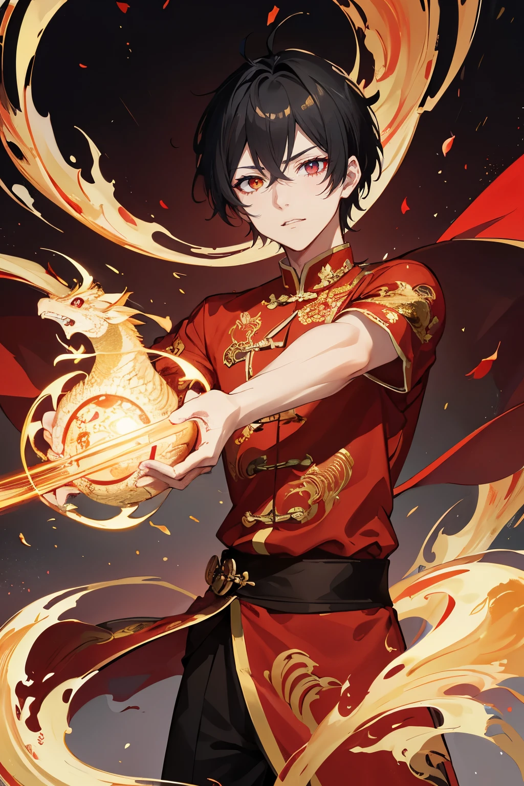 Masterpiece, a young Chinese boy, solo, traditional red outfit, short, flowing black hair, big expressive eyes, Disney style, graceful and dynamic presence, Chinese dragon backdrop, Art Nouveau, intricate details, vibrant colors, high contrast, sharp focus, the boy's eyes wide open and full of wonder, dragon's scales shimmering, fluid lines, detailed textures, ethereal atmosphere.