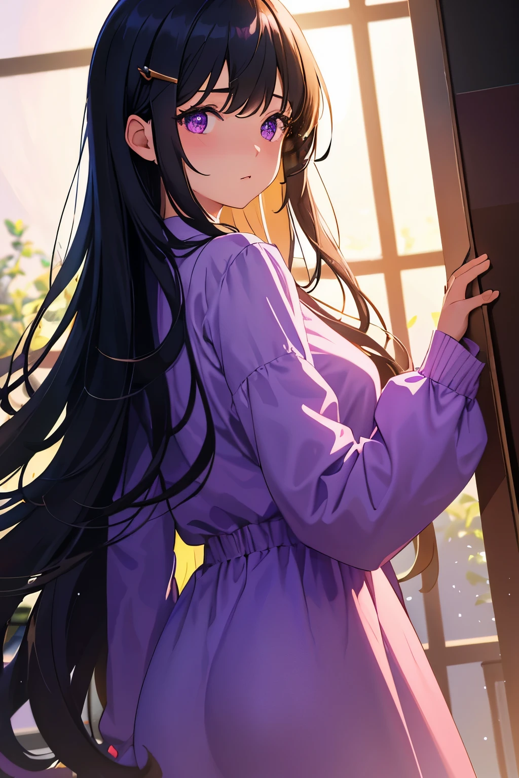 Masterpiece, best quality, (extremely detailed CG unity 8k wallpaper), (top-quality illustration), (best shading and lighting)
A solitary girl with long, wavy hair adorned with a sparkling hairclip sits indoors, blushing lightly as she looks directly at the viewer. Her bangs fall softly across her forehead, framing her deep-set purple eyes. She wears a pink cotton shirt with long sleeves past her wrists, revealing tiny lens flares reflected in her bright gaze. Her black hair cascades down her back, creating a mesmerizing scene of intertwining sidelocks and intricate waves.
Her sleeve-