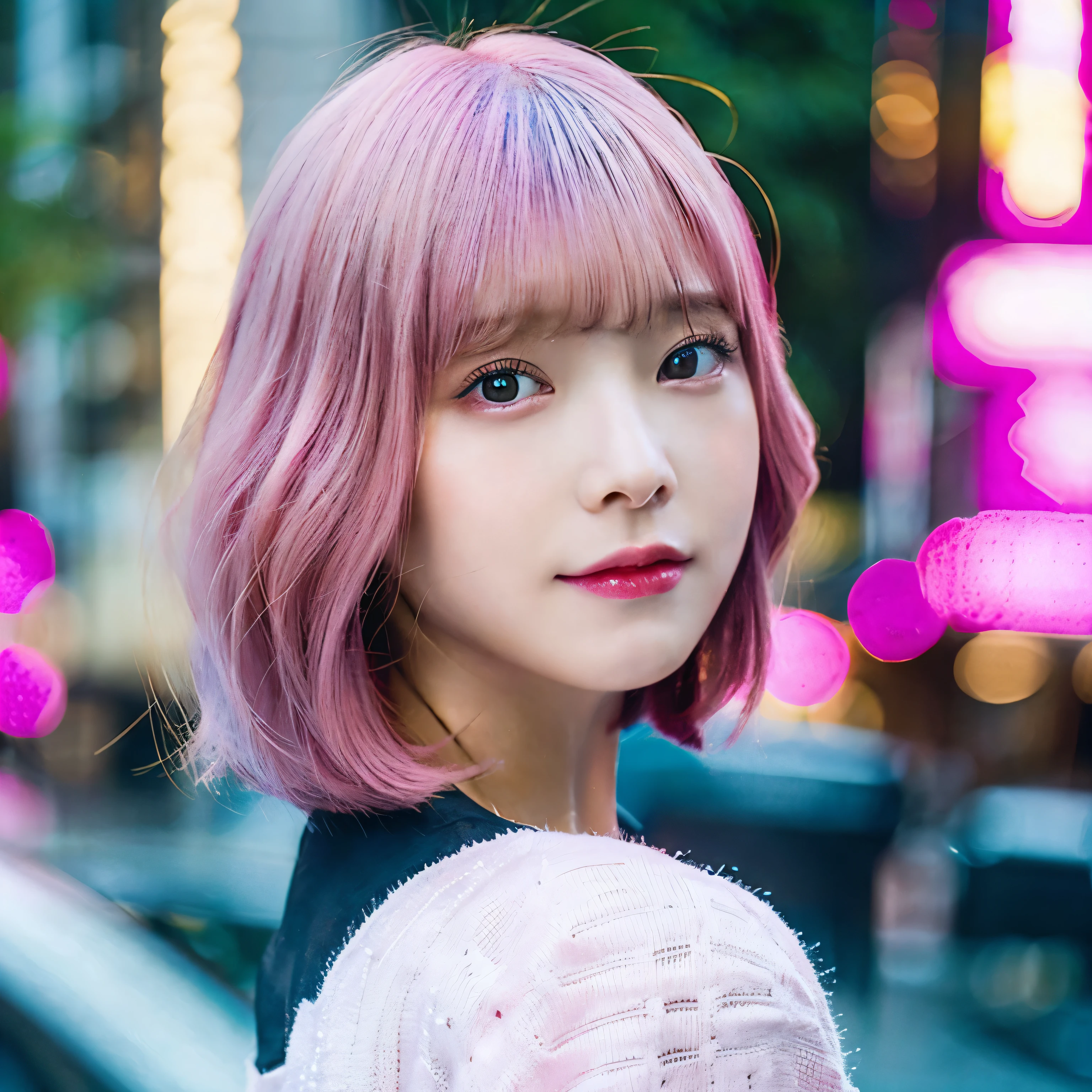 Girl with a bob cut of pink hair