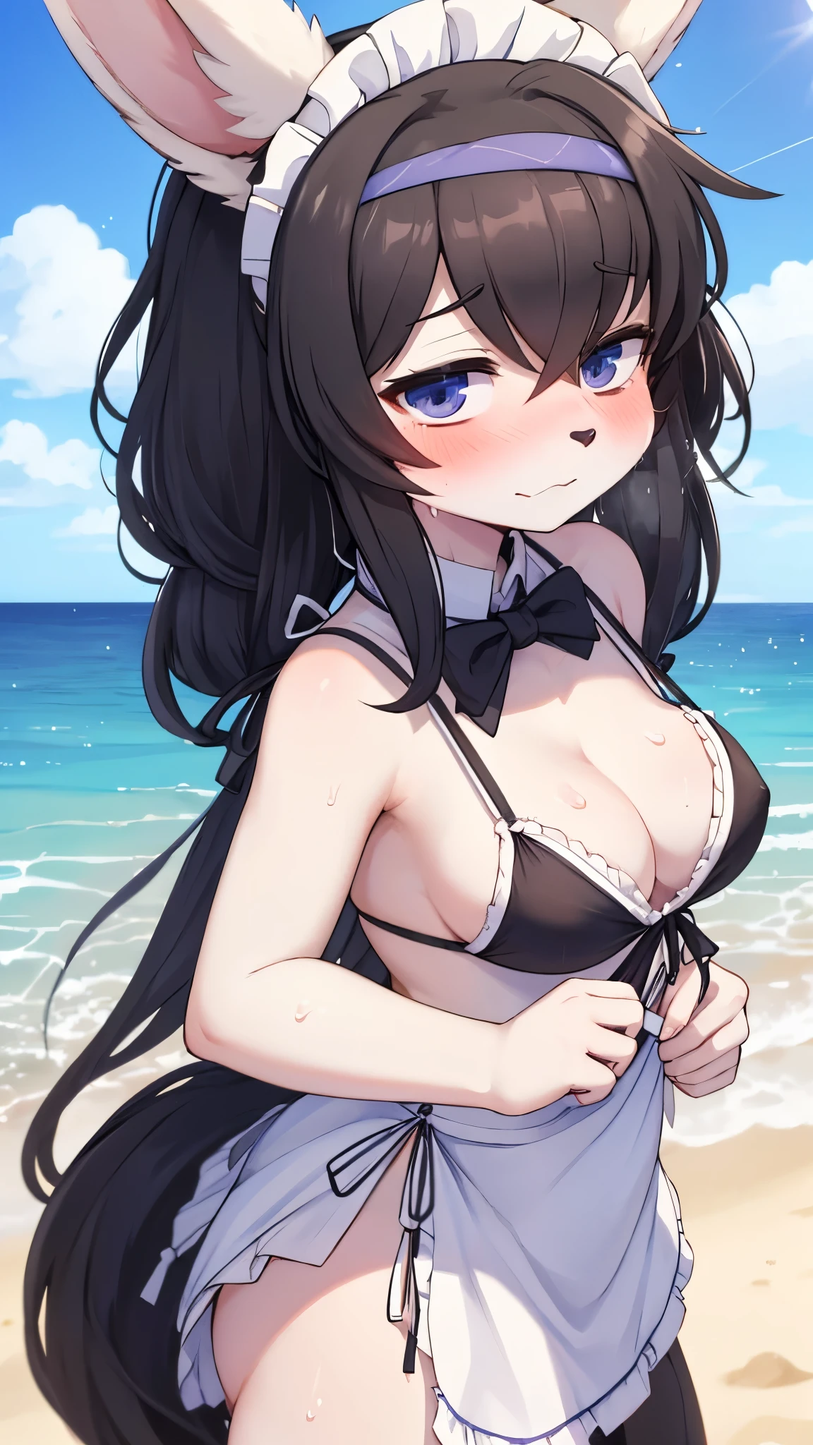 rabbit furry girl,white fur,black rabbit ear,black string bikini with sleeveless frills,cleavage,mini skirt,mini apron,maid headdress,bow tie,shy face,sweat face,full face blush,pubic fur,glittered water detailed,beach,blue sky,side view,looking at viewer