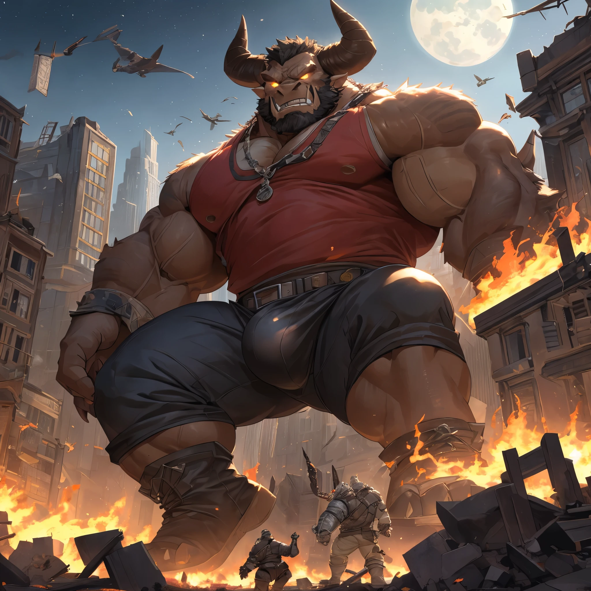 Bull Orc, minotaur, male, Strong build, brown skin is covered with fur, long sharp teeth, large thick lower canine teeth, thick spiral bull horns and claws, large bull horns, (glowing eyes: 1.2), giant sized, no pants, larger than city, reclining on a battlefield, buckled boots, stepping on building, rampage, impact, his foot is breaking the ground, wearing a rag around waist, looking down, evil smile, thick arms, thick thighs, (large pecs: 1.2), fat pecs, (bara pecs: 1.3), macro, landscape dwarfing, city destruction, building destruction, ruined city, city on fire, city dwarfing, giant bulge in pants, tiny human soldiers