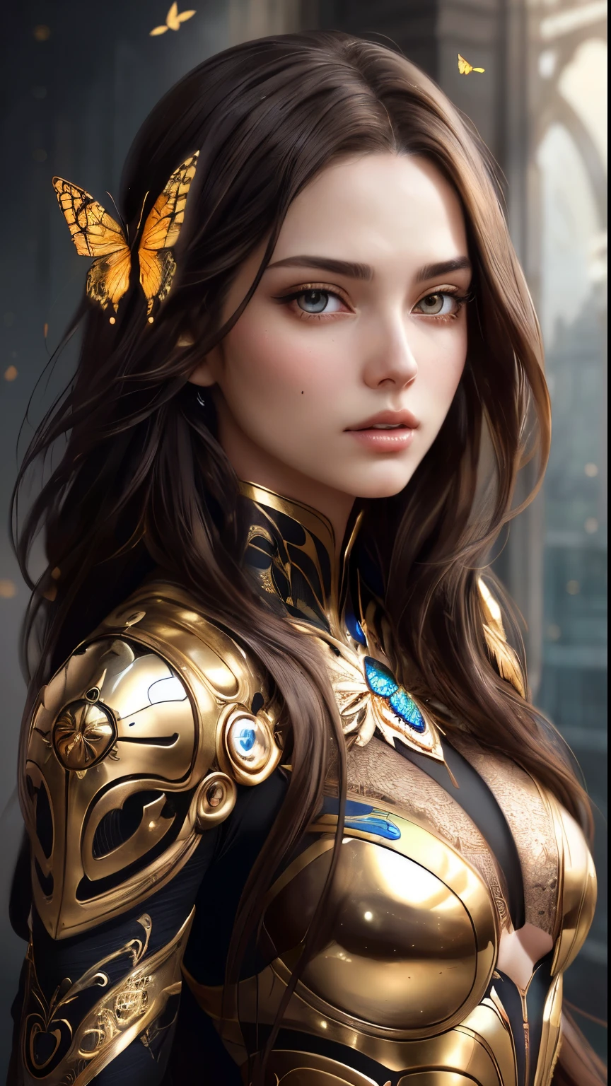 8k portrait of beautiful cyborg with brown hair, intricate, elegant, highly detailed, majestic, digital photography, art by artgerm and ruan jia and greg rutkowski surreal painting gold butterfly filigree, broken glass, (masterpiece, sidelighting, finely detailed beautiful eyes: 1.2), hdr,