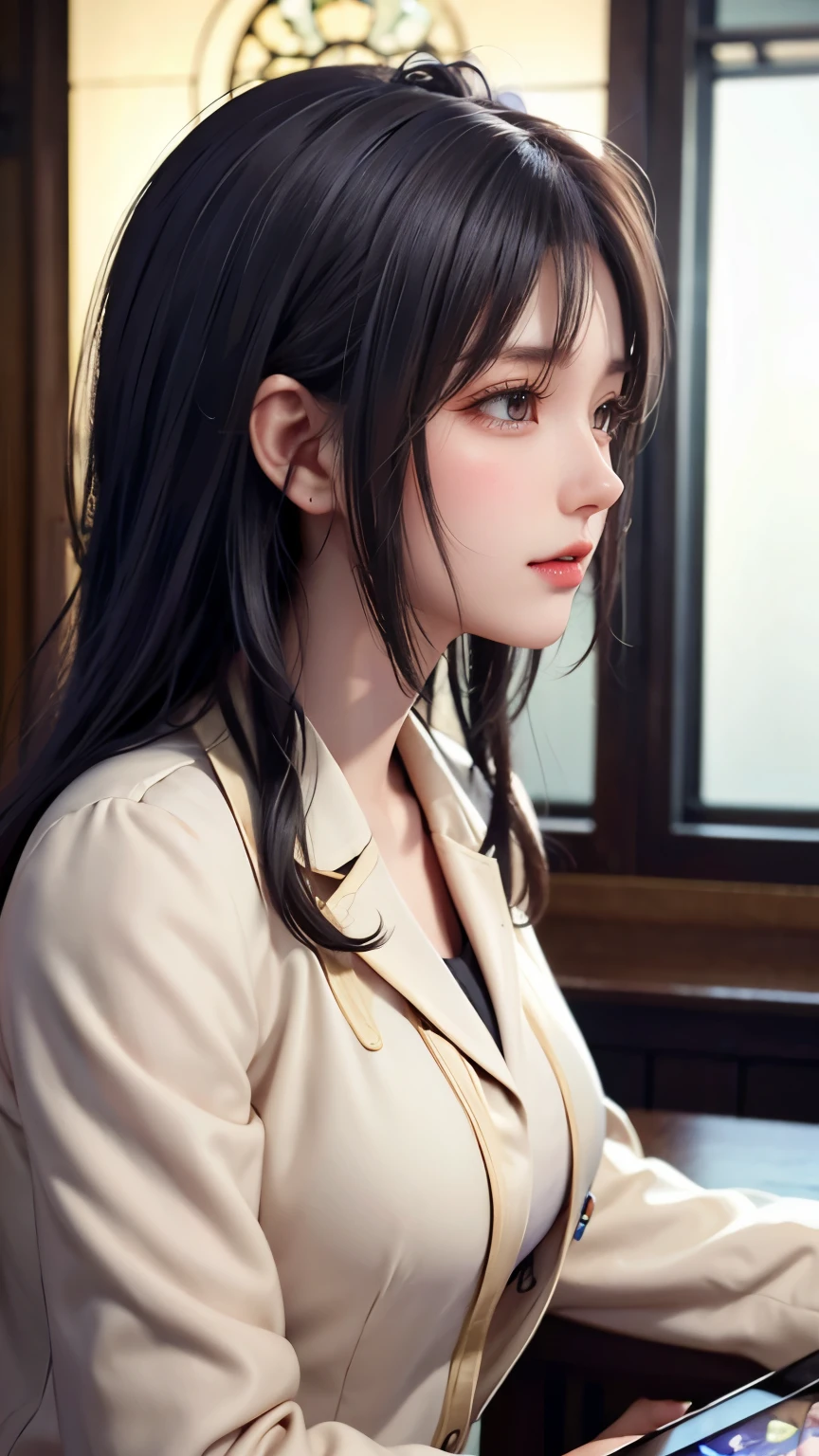 Woman in suit using tablet computer in room, work, sun yunjoo, Still from the live-action movie, Park Shin Hye plays a super villain, full device, Using the Magic Tablet, IU Lee Ji Eun plays a super villain, Profile Pose, [ realistic pictures ]!!, Shin Min-jung, serious business, sloth, elegant look