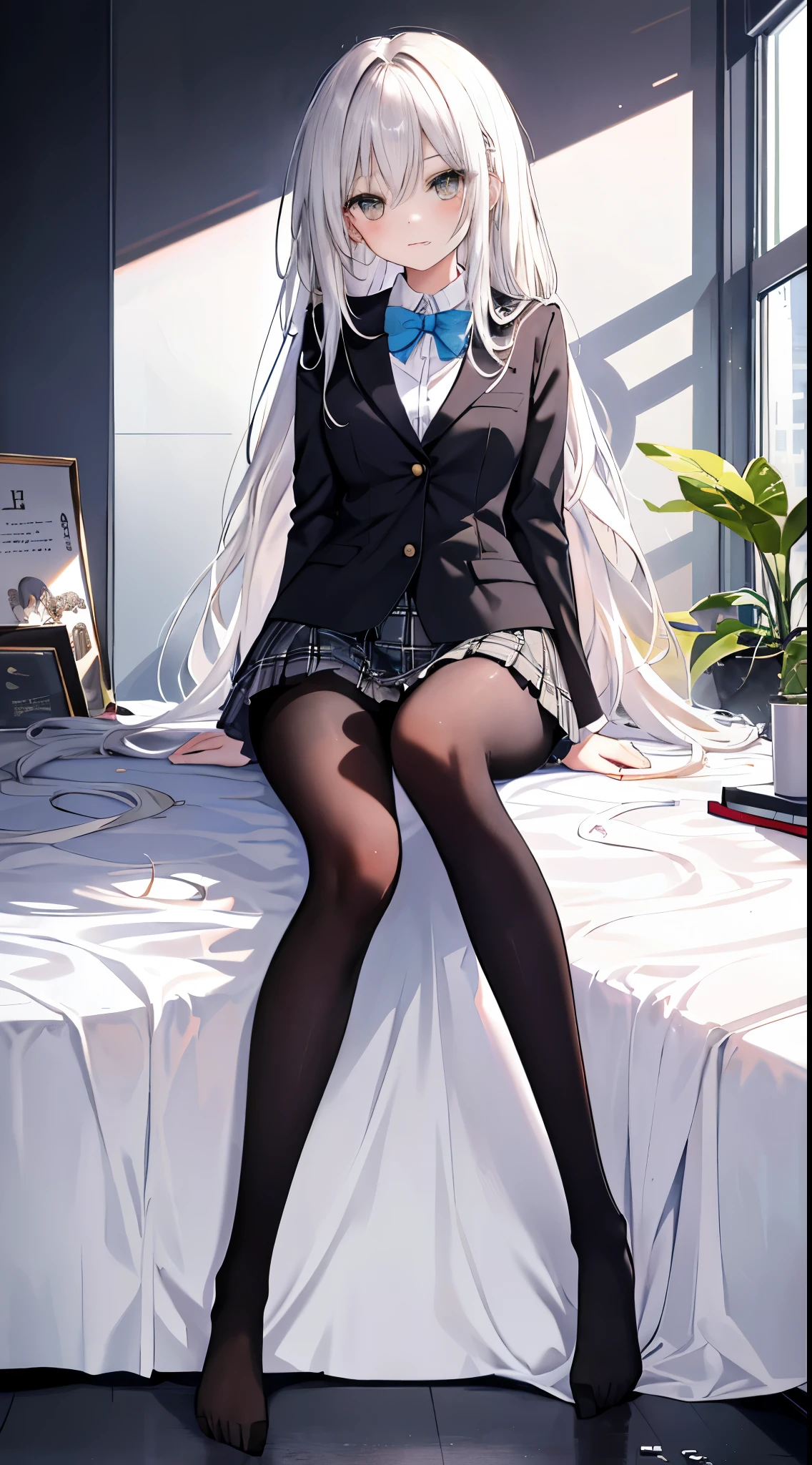 finest, masterpiece, High resolution, (Full body view from head to toe), front, frontやや下からの構図, Symmetrical, 18 year old tall girl, alone, (whole body from head to toe), (small breasts), messy hair, bangs, (black tights), (black pantyhose), (sitting with legs spread apart), (squating pose), (composition showing white panties), (Her legs are spread open and her white panties are visible.), (made to sit on the floor with legs spread), (M-shaped legs), Slender legs, A very beautiful and tall 18 year old girl, (not wearing shoes), blush, shy big eyes, looking at camera, Blazer Uniform, Plaid pleated skirt