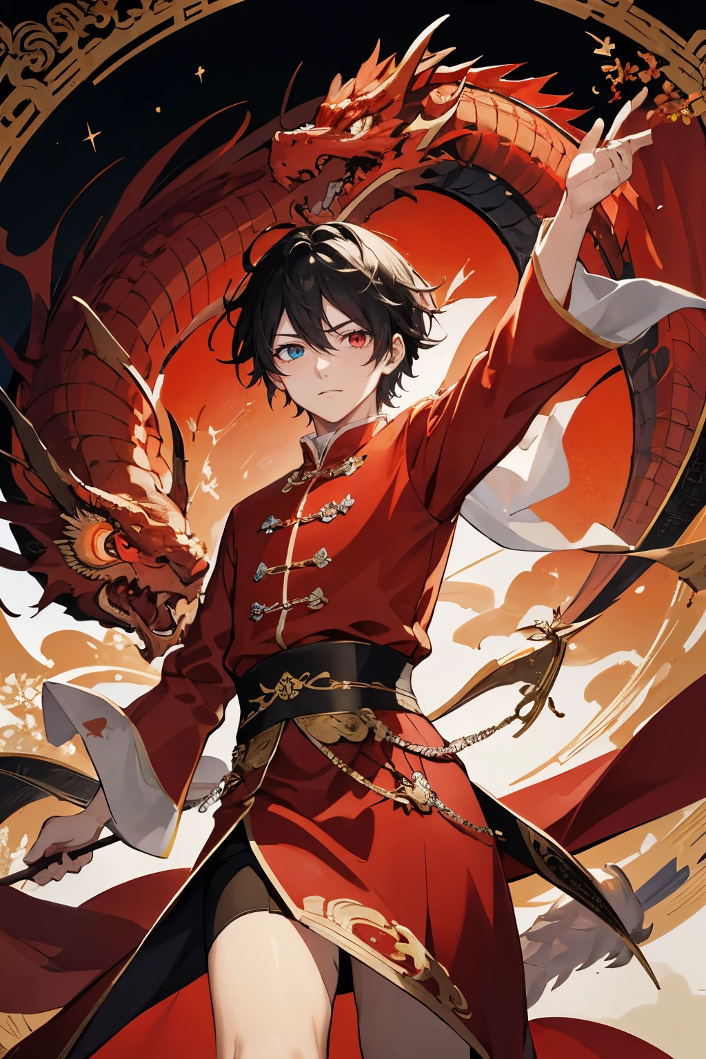 Masterpiece, a young Chinese boy, solo, traditional red outfit, short, flowing black hair, big expressive eyes, Disney style, graceful and dynamic presence, Chinese dragon backdrop, Art Nouveau, intricate details, vibrant colors, high contrast, sharp focus, the boy's eyes wide open and full of wonder, dragon's scales shimmering, fluid lines, detailed textures, ethereal atmosphere.