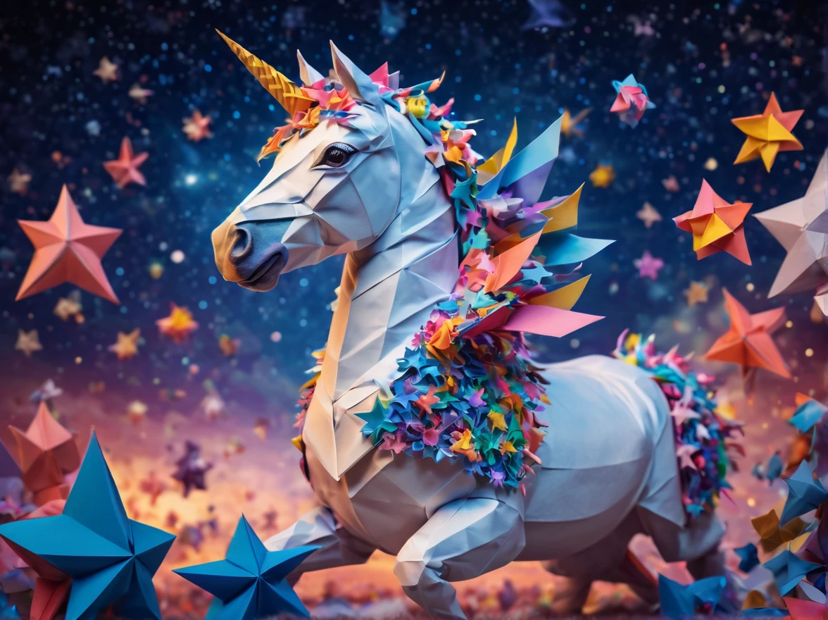 Full scene. mini ponytailed unicorn portraits, big smile to the camera, starry sky, zentangled, origami, 3d crunch, magical flashes and explosions crossing the horizon,