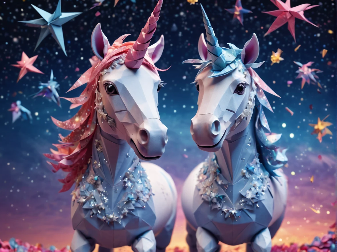 Full scene. mini ponytailed unicorn portraits, big smile to the camera, starry sky, zentangled, origami, 3d crunch, magical flashes and explosions crossing the horizon,