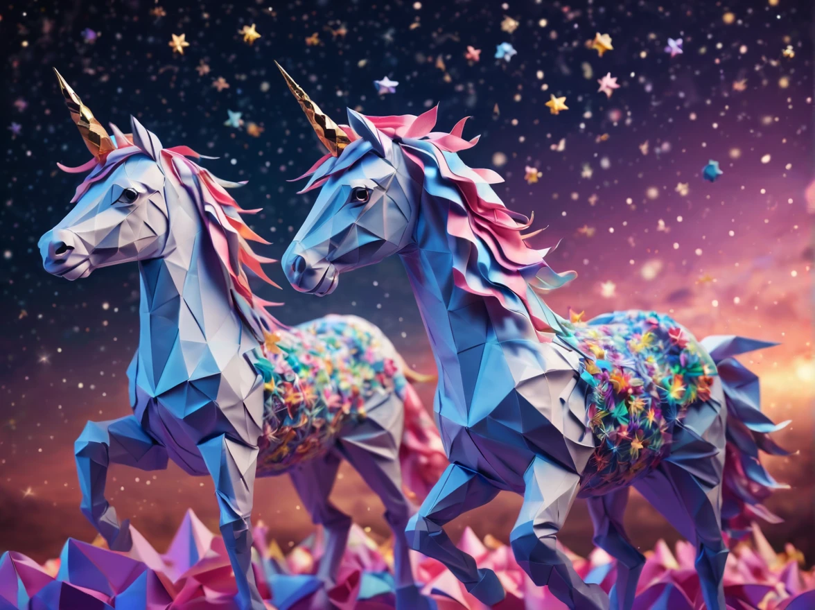 Full scene. mini ponytailed unicorn portraits, big smile to the camera, starry sky, zentangled, origami, 3d crunch, magical flashes and explosions crossing the horizon,