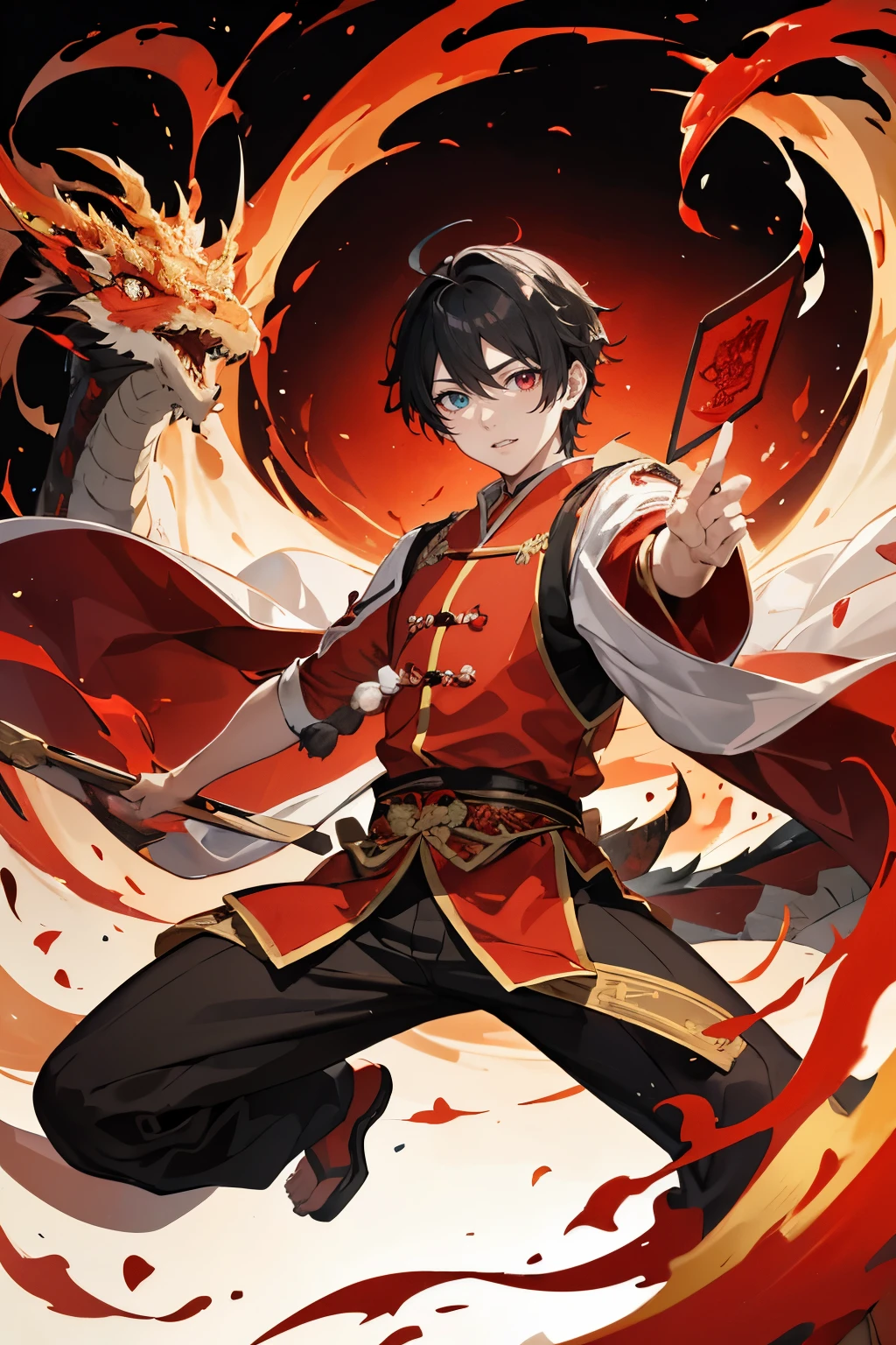 Masterpiece, one boy, solo, Chinese tradition, red hanfu, short black hair, big expressive eyes, Joyful expression, Distributing red envelopes, Dragon backdrop, Motion exuding, Japanese illustration style, Graceful presence, Dynamic pose, High resolution, Sharp focus, Depth of field, Realistic eyes, Detailed dragon, Vibrant colors, Cultural scene, Wide angle perspective --s2
A young Chinese boy, clad in a stunning red hanfu, stands proudly in front of an awe-inspiring Chinese dragon. With short, black hair and big, expressive eyes that sparkle with joy, he eagerly distributes red envelop