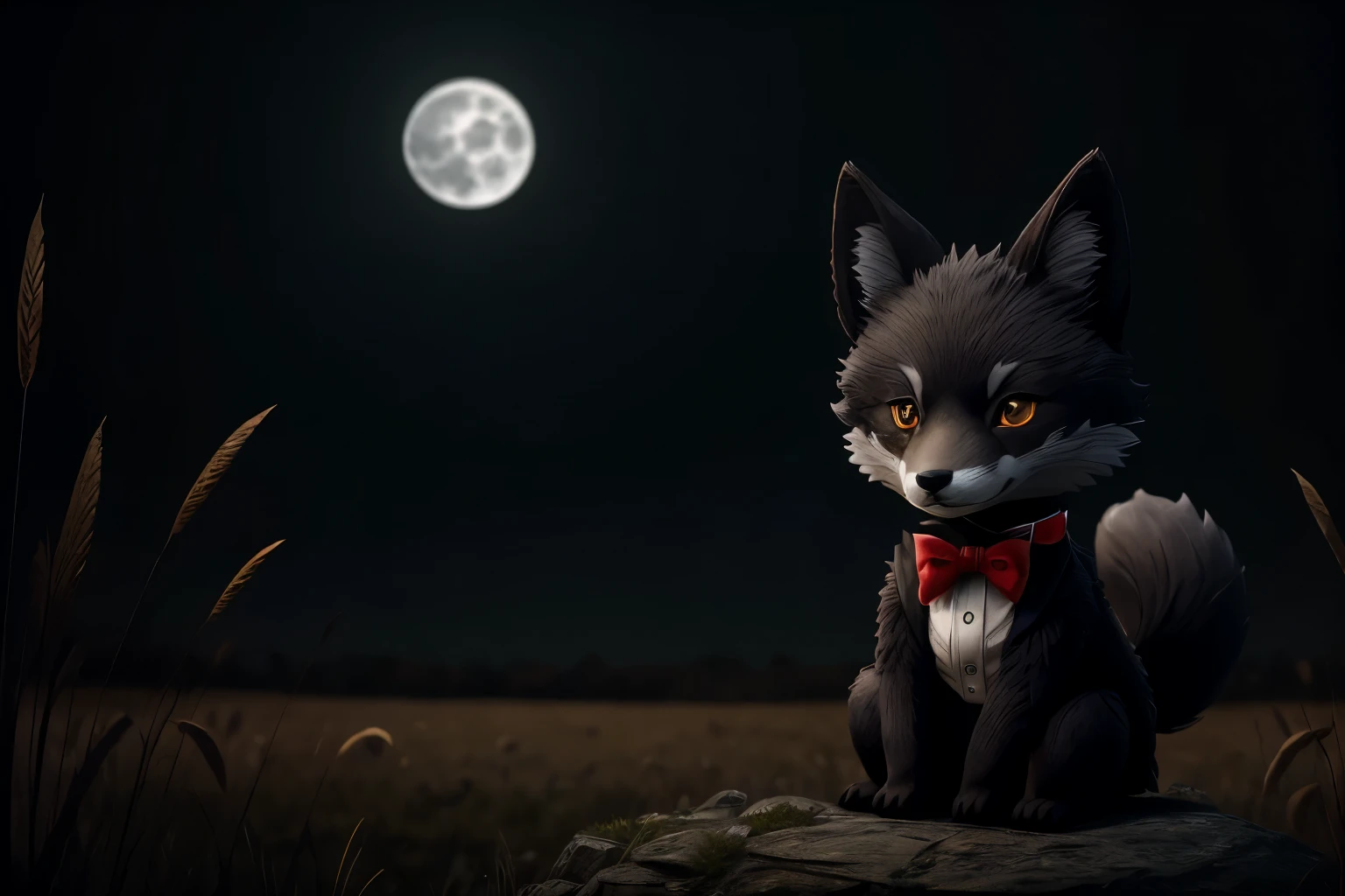 cgi anthropomorphic plushie black fox in the bow tie, moonlight in fields, evil