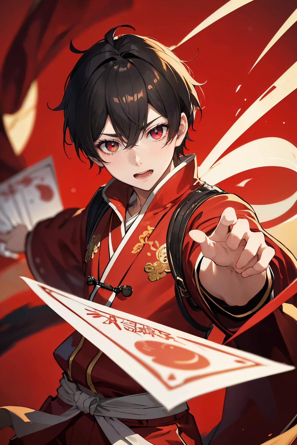 Masterpiece, one boy, solo, Chinese tradition, red hanfu, short black hair, big expressive eyes, Joyful expression, Distributing red envelopes, Dragon backdrop, Motion exuding, Japanese illustration style, Graceful presence, Dynamic pose, High resolution, Sharp focus, Depth of field, Realistic eyes, Detailed dragon, Vibrant colors, Cultural scene, Wide angle perspective --s2
A young Chinese boy, clad in a stunning red hanfu, stands proudly in front of an awe-inspiring Chinese dragon. With short, black hair and big, expressive eyes that sparkle with joy, he eagerly distributes red envelop