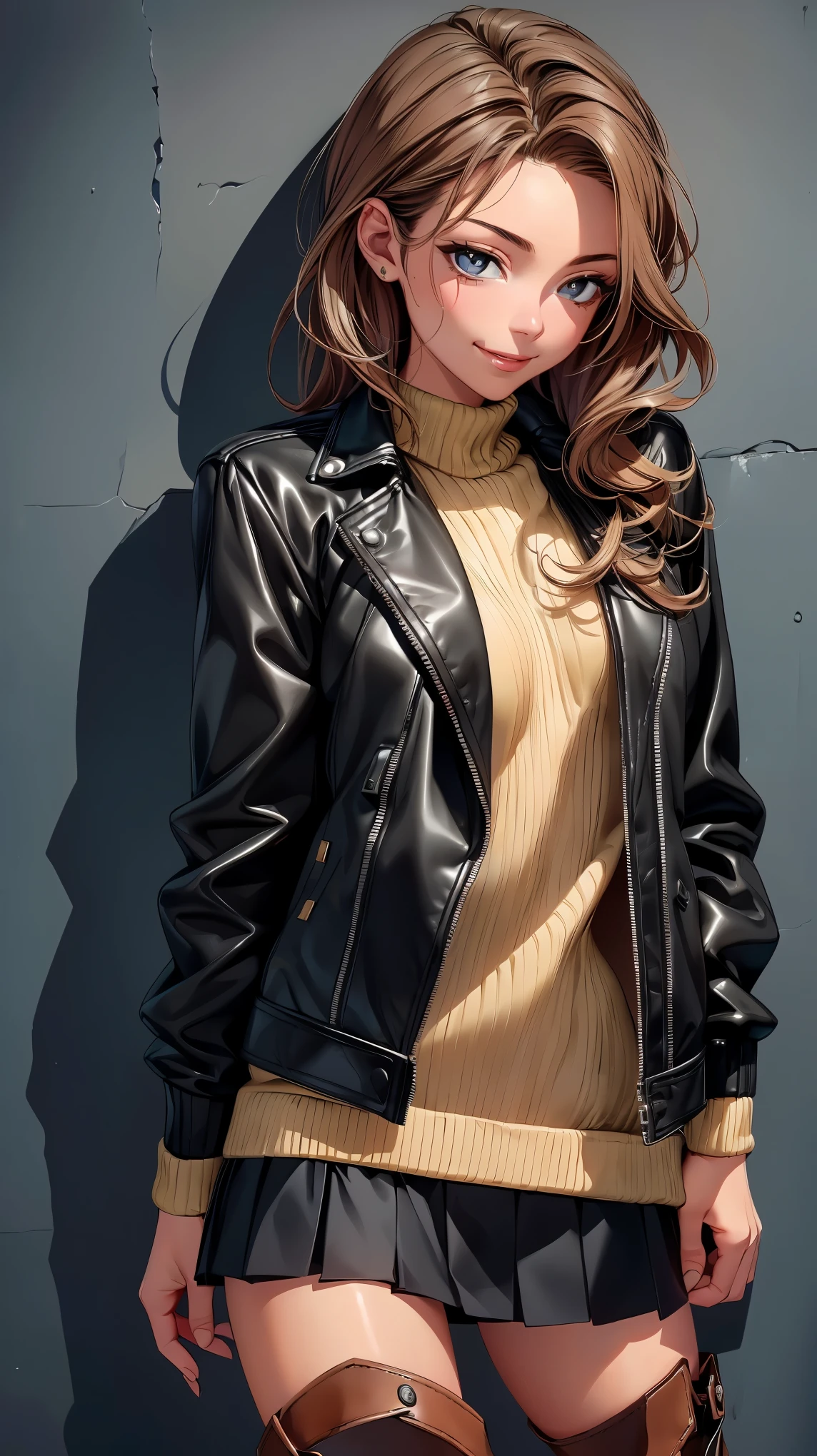 (8K, RAW photo, 最high quality, masterpiece: 1.2), High-definition RAW color photo, Professional photo shoot, cinematic light, alone, (((young woman, gal))), (Sharp features), (small face), (high detail skin: 1.2), clavicle, cute face, beautiful appearance, Clean eyelashes, (brown hair, brown eyes), (beautiful breasts), (slim body shape:1.4), very detailed顔と肌の質感, fine eyes, double eyelid, look sideways, Place your hands behind your body, ((shortcut, wavy hair)), ((open your mouth and smile:1.2)), big breasts, normal hip joint, cowboy shot, (((Jacket and miniskirt setup:1.5, black boots:1.2))), back alley, leaning against the wall, smooth texture, staring eyes, beautiful skin, shiny skin, perfect fingers, five fingers, anatomically correct, background bokeh, high quality, surreal, bright colors, ((very detailed, photo shoot)),
