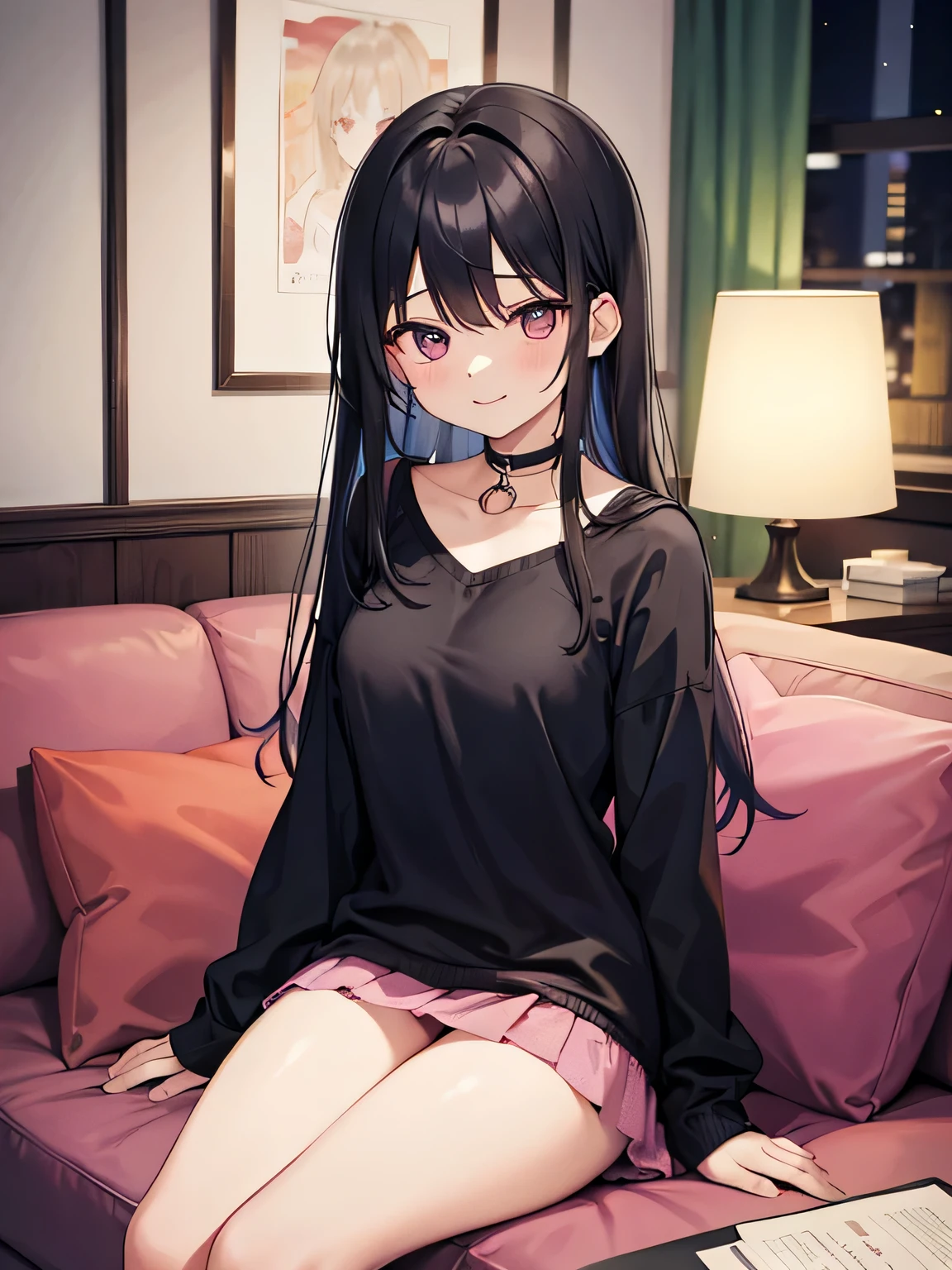 (1) A woman is sitting alone on a sofa in the living room. Her pink panties are almost visible between her thighs and skirt.
(2) The woman is wearing a blue long-sleeved mini dress.
(3) she has long black hair.
(4) Her expression is a smile; She is 29 years old and has a mature look..
(5) The location is the sofa in the living room of the apartment at night..