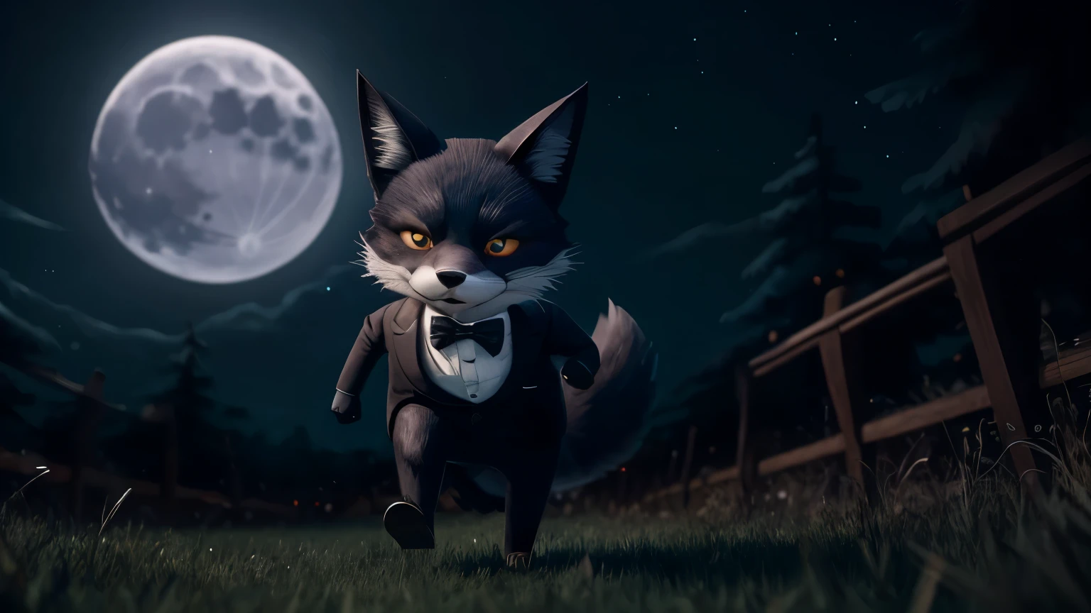 pixar style, angry mature anthropomorphic black fox is sneaking on the field, the bow tie, moonlight night