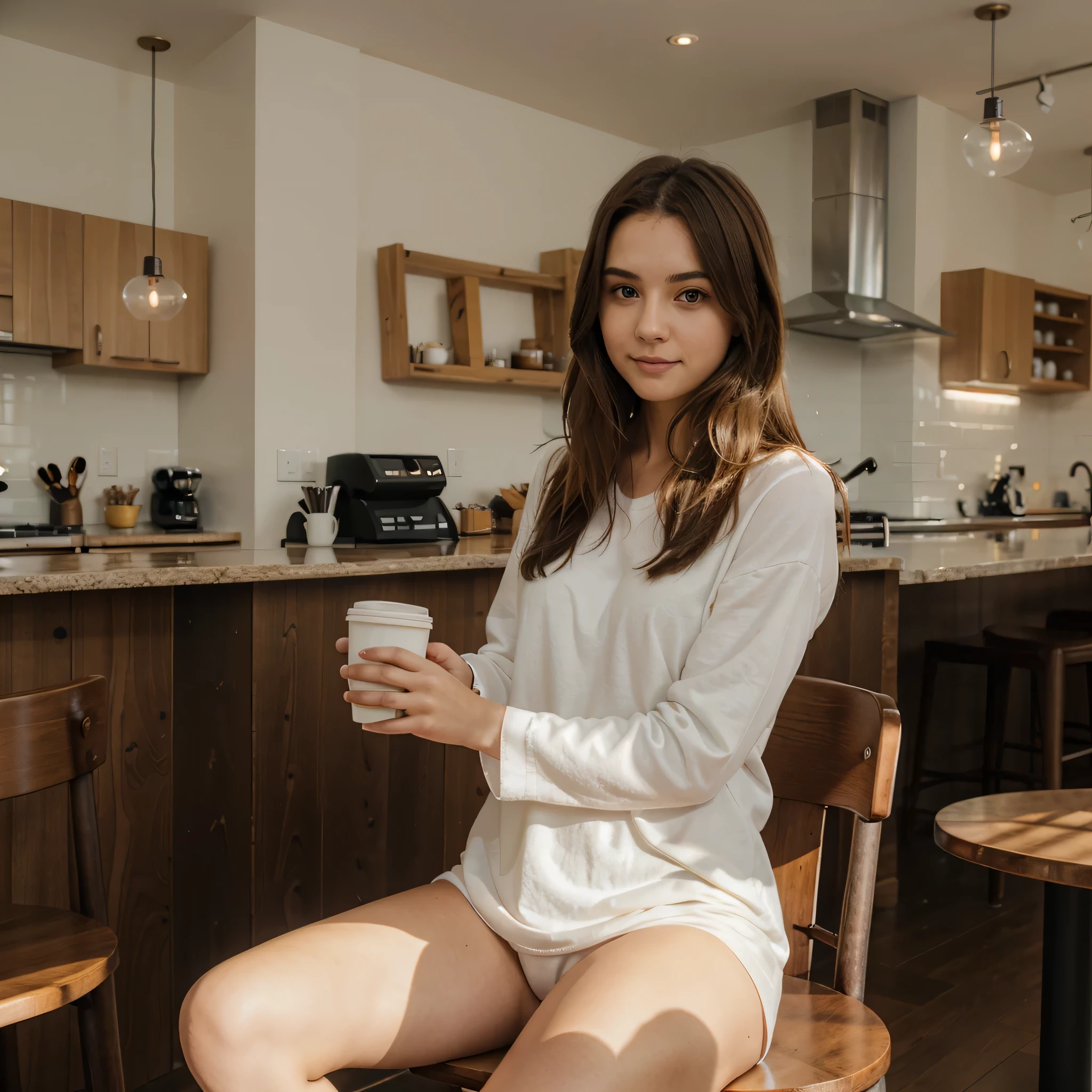 A 22 year old girl with medium length light brown hair, with hints of blonde in it. It is a full body photo. She is having coffee at a cafe.