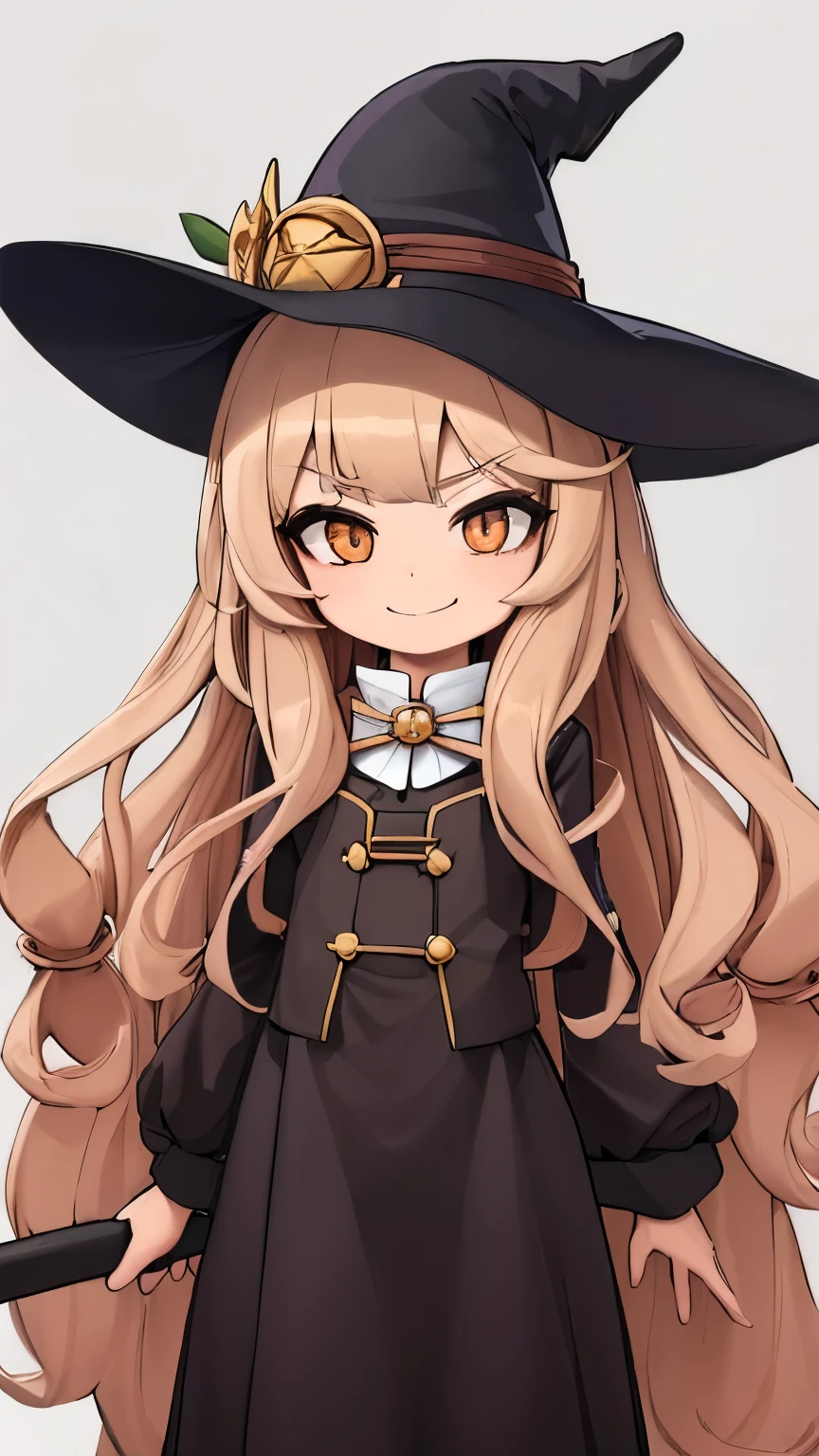 (one girl)。 cute witch。Light brown、long fluffy wavy hair。(Light brown魔女の服)。(have a cane as tall as yourself)。((full of confidence々Smile))。The background is a bright forest and a stone tower。