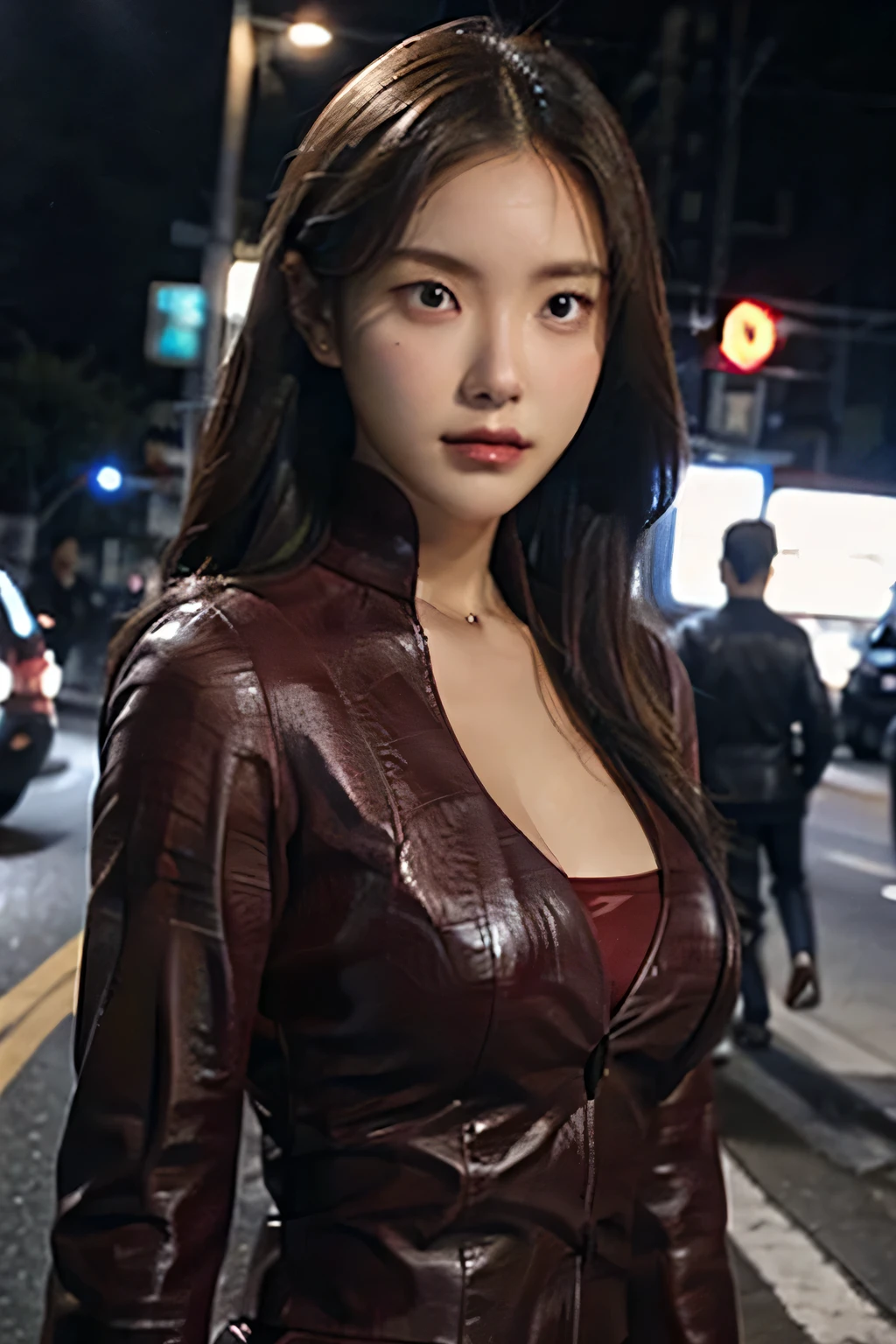 best quality, realistic, front pov, KristannaTX at a city street, night time, dark, (a female Korean supermodel), (wine red leather jacket:1.0), cleavage, big breasts, seductive smirk, (long hair), (dark hair) (straight hair:1.1), perfect face, perfect eyes, (deep focus), (clear lighting), (soft lighting:1.0)