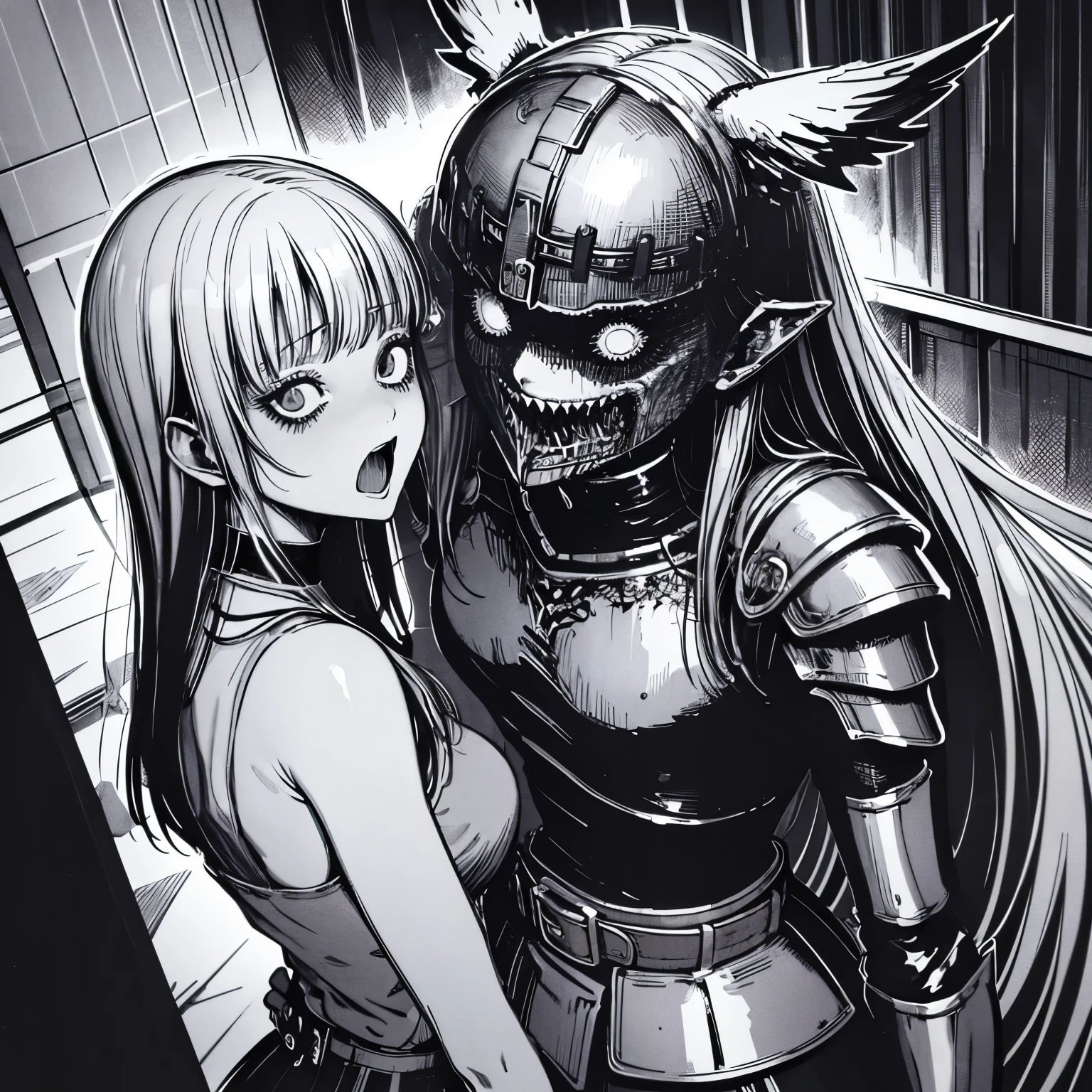 ultra-detailed, Explicit, ultra highres, 4K, Best Quality, Highly detailed, illustration, absurdres, valkyrie, horror, body horror, creepy, nightmare, disgusting, by junji ito, junji_ito style, horror, creepy, nightmare, winged helmet, armored dress, shoulder pads, choker, armored boots, armor, mgrcolga, long hair, helmet recorative wings, plate shoulder pads, wide long skirt with edgings, high plate boots, grey belt, gloves, monochrome, black and white, evil, no black eyes, {weird}, scream, hair over eyes, eyes covered