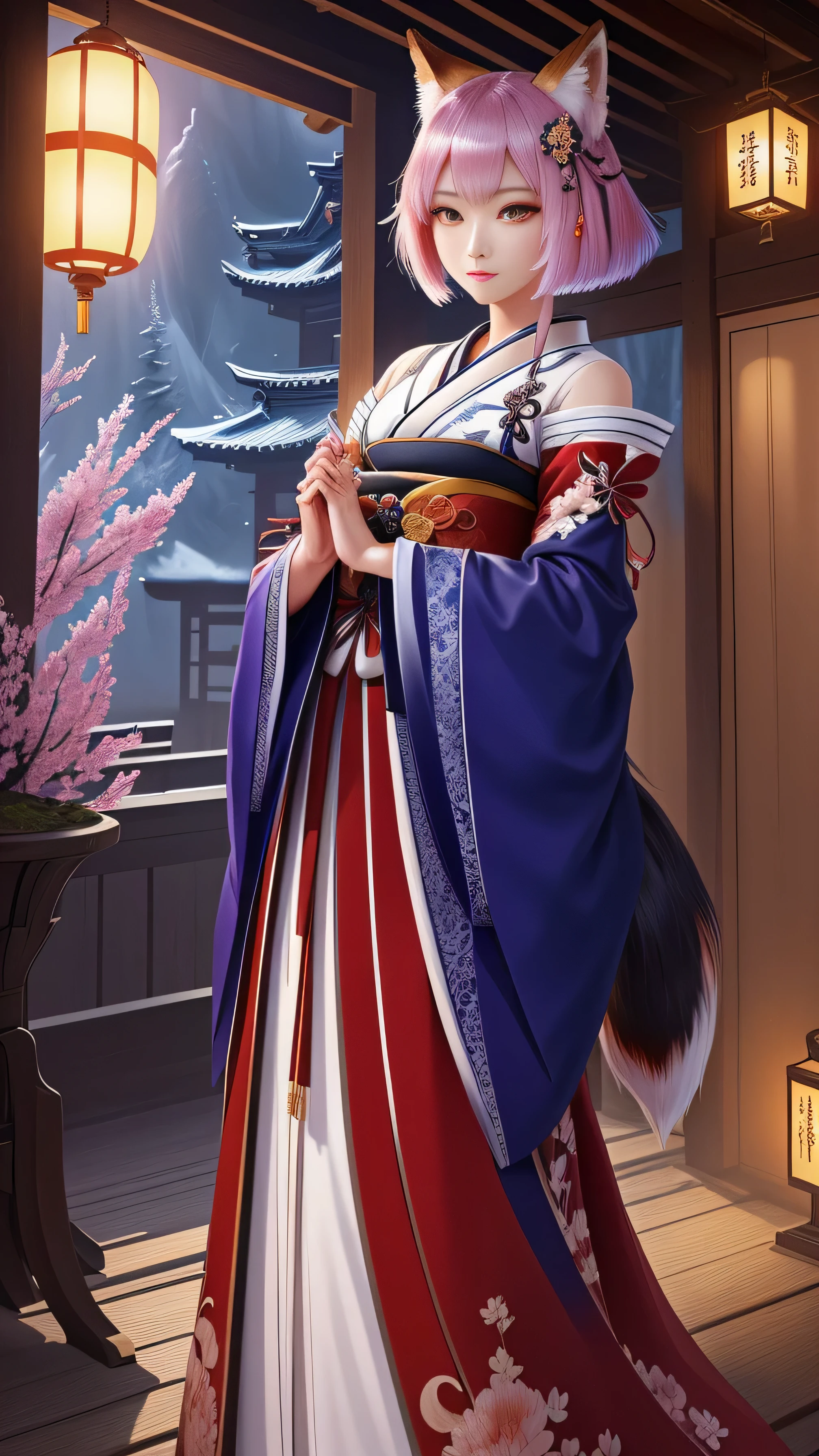 masterpiece , highest quality, frontのクローズアップ,Upper body,colorful hair colors,beautiful short hair, masterpiece, japanese architectureの背景,beautiful details, colorful, delicate details, delicate lips, intricate details, genuine, ultrargenuineista, 枝に座っている色とりどりの髪のFoxを持つ女の子:mature, bright eyes, ,色とりどりのFox, Raposa the Nine Tails, 三尾Fox, 三尾Fox, Onmyoji detailed art, beautiful fine art illustration, mythical creatures, Fox, beautiful digital art,shrine maiden,japanese architecture,Holding hands,exquisite digital illustration, mizutsune, Inspired by mythical wild nest creatures, pixiv in digital art, dazzling light, high contrast, Mysterious,枝に座っている色とりどりの髪のFoxを持つ女の子,front,look at the camera