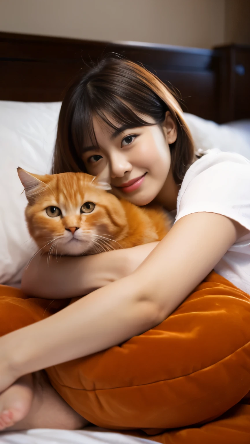 Beautiful young Asian woman is lying on the bed hugging an orange cat