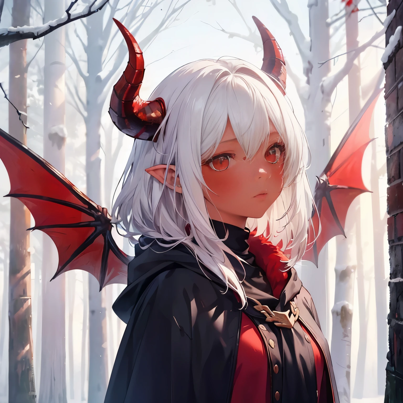 8K, 4K, Best Quality, High resolution: 1.2), (Masteristic, Realistic, Photoreal: 1.4), One Woman,  smal size, dragongirl, Beautiful face, red wings, black cloak, in the forest, Shining Lipin Eyes, Beholder, Fair skin, Wred skin: 1.5), white hair,、Horns grow from the head, red skin, red horns, red dragon tail, red wings, red skin, red skin, red face, red demon skin, red skin, turquoise eyes