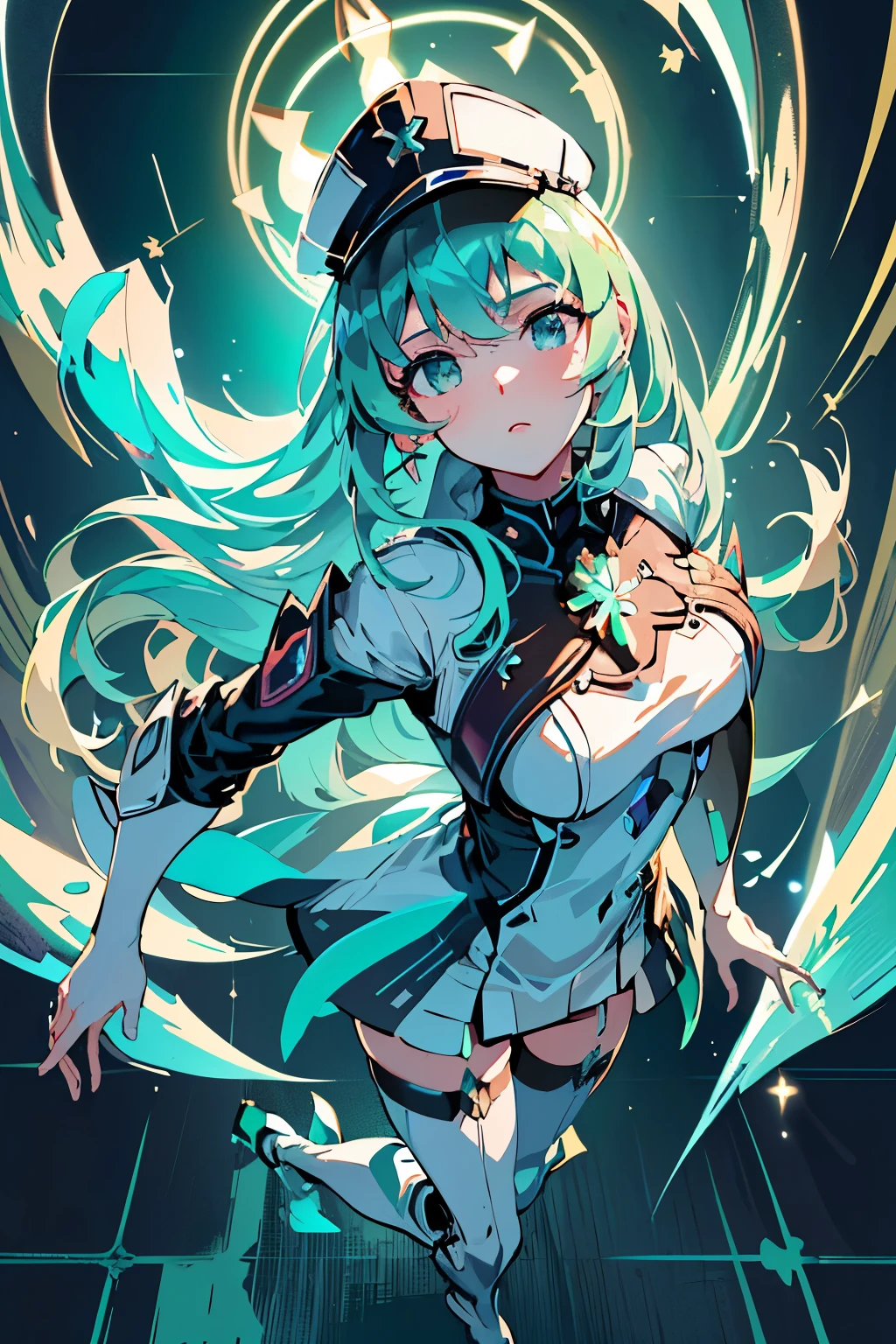 Anime, Girl, (((1girl))), (((Waifu, Xenoblade Chronicles 2, Pneuma Waifu))), (((Seafoam Green Hair, Long Hair))), ((Seafoam Green Eyes eyes:1.3, Upturned Eyes: 1, Perfect Eyes, Beautiful Detailed Eyes, Gradient eyes: 1, Finely Detailed Beautiful Eyes: 1, Symmetrical Eyes: 1, Big Highlight On Eyes: 1.2)), (((Lustrous Skin: 1.5, Bright Skin: 1.5, Skin Fair, Shiny Skin, Very Shiny Skin, Shiny Body, Plastic Glitter Skin, Exaggerated Shiny Skin, Illuminated Skin))), (Detailed Body, (Detailed Face)), Young, Idol Pose, (Best Quality), Techwear, (((Military Uniform))), (((Military Cap))), (((Military Coat))), (((Thigh-high Heeled Boots))), High Resolution, Sharp Focus, Ultra Detailed, Extremely Detailed, Extremely High Quality Artwork, (Realistic, Photorealistic: 1.37), 8k_Wallpaper, (Extremely Detailed CG 8k), (Very Fine 8K CG), ((Hyper Super Ultra Detailed Perfect Piece)), (((Flawlessmasterpiece))), Illustration, Vibrant Colors, (Intricate), High Contrast, Selective Lighting, Double Exposure, HDR (High Dynamic Range), Post-processing, Background Blur