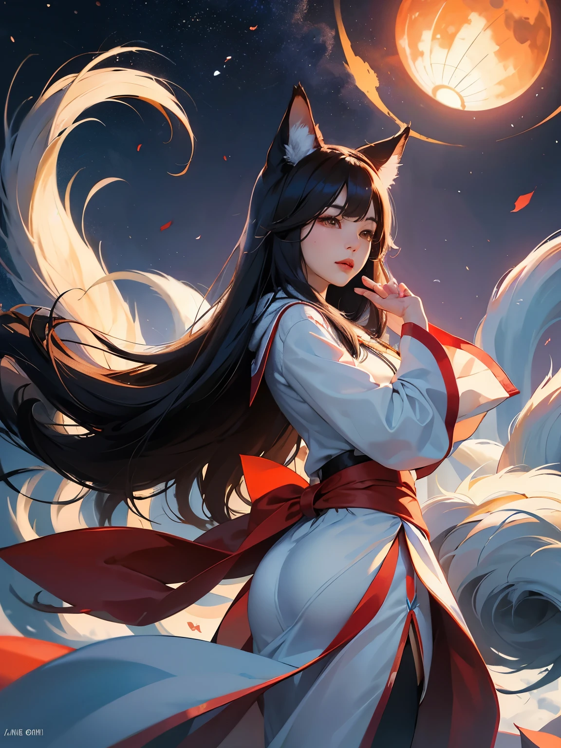 ahri, ahri_(alliance_of_legend), 1 girl, 荒谬of, animal_ear, 黑色of_hair, of_sleeve, distribution, 面部of_mark, fox_ear, fox_Tail, hand_up, high resolution, alliance_of_legend, 长of_hair, snow suit, magic, 多种of_Tails, 白色of_Tails, orange_Eye, 分hand了_lips, 独自of, permanent, Tail, 满of_Body, Put your arms behind your back