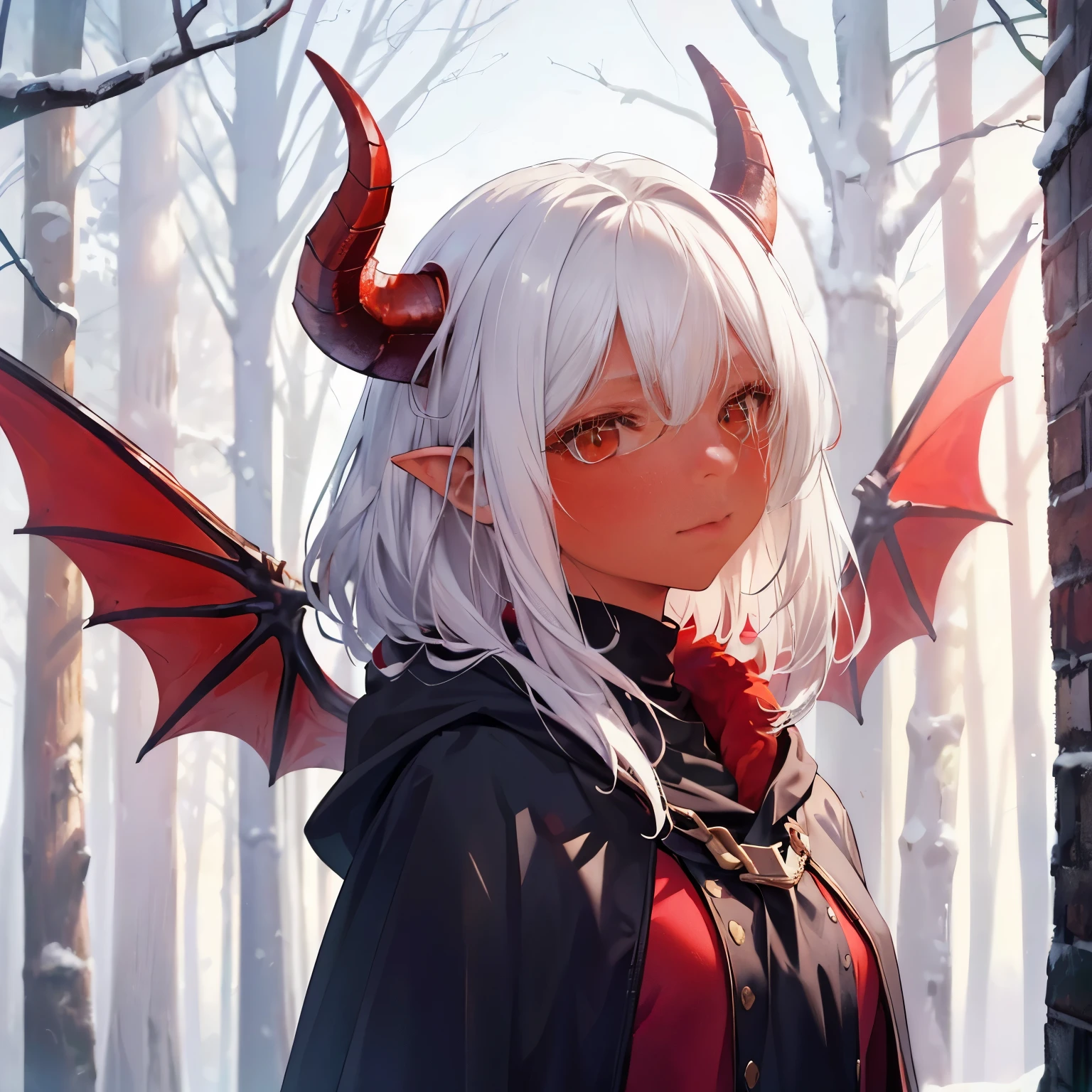8K, 4K, Best Quality, High resolution: 1.2), (Masteristic, Realistic, Photoreal: 1.4), One Woman,  smal size, dragongirl, Beautiful face, red wings, black cloak, in the forest, Shining Lipin Eyes, Beholder, Fair skin, Wred skin: 1.5), white hair,、Horns grow from the head, red skin, red horns, red dragon tail, red wings, red skin, red skin, red face, red demon skin, red skin, turquoise eyes