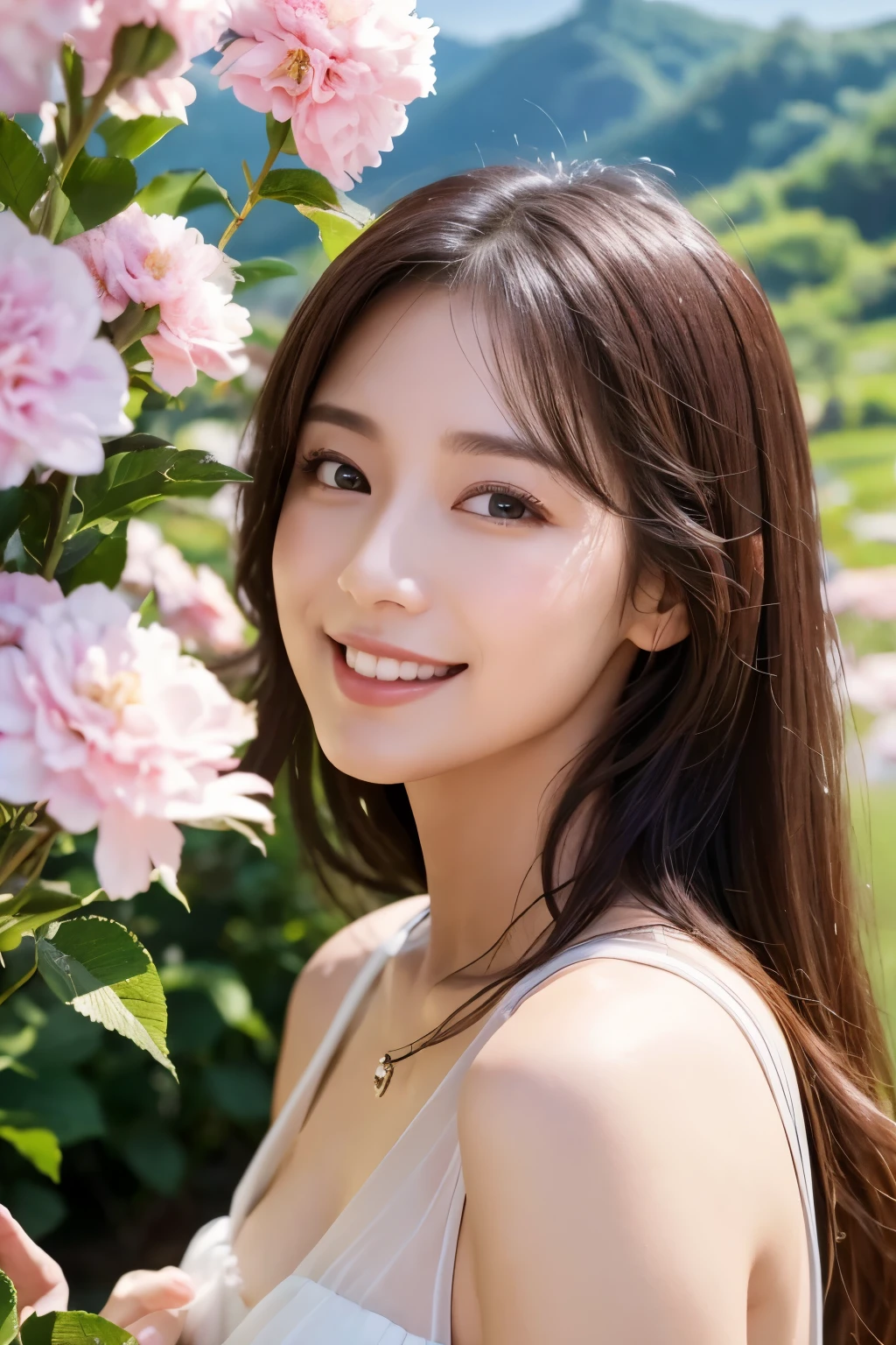 A 34-year-old woman tenderly touches a stunningly beautiful white flower with one hand, her face radiant with a warm smile as she gazes at it lovingly. The breathtaking backdrop of Mandalay Mountain and Kyeong City Wall is realistically depicted in high definition, immersing the viewer in a serene and picturesque scene. The vivid 4k resolution captures every intricate detail, bringing the scene to life in an enchanting 16:9 format.